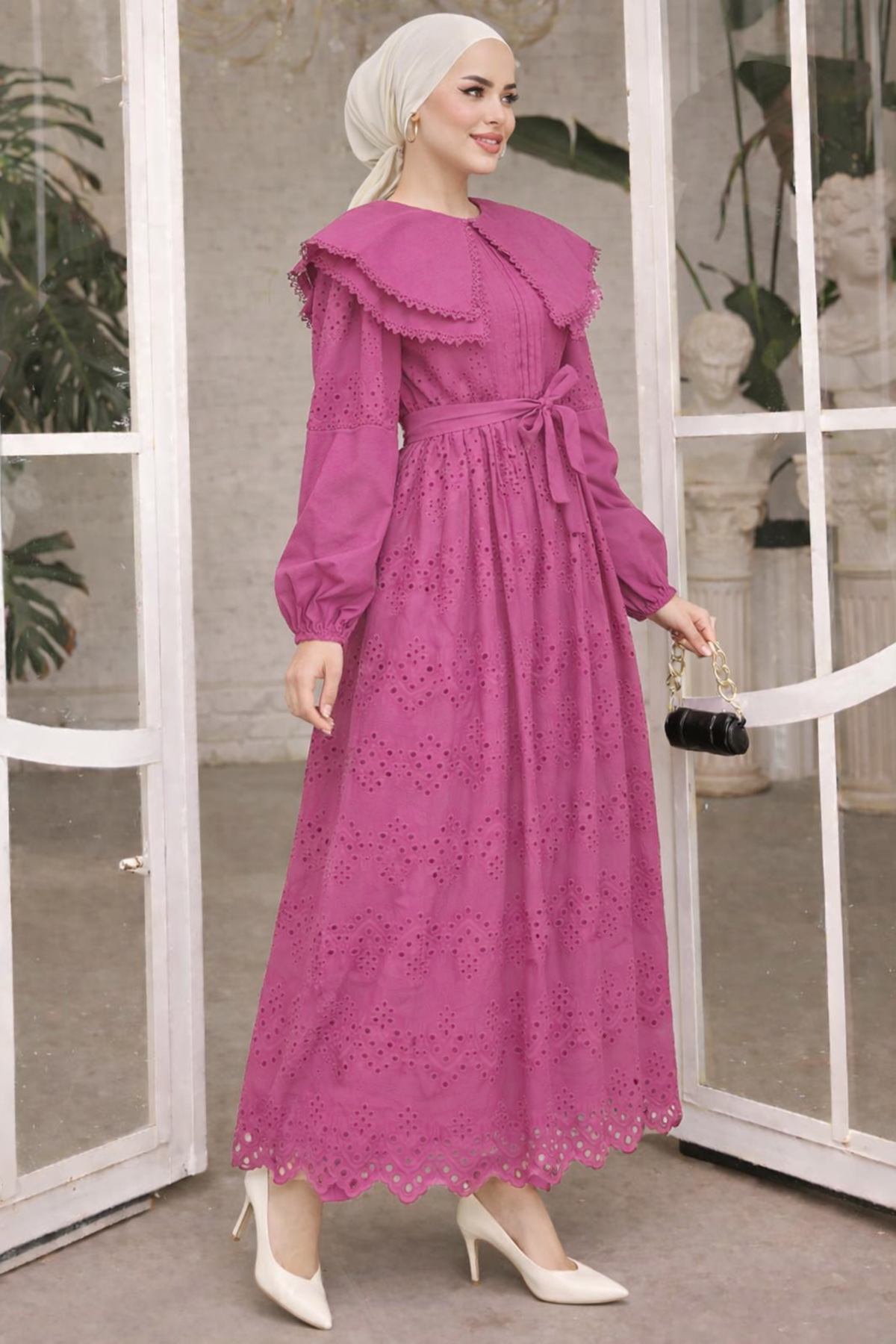 Yaka Detaylı Dantelli Elbise Krem-detail