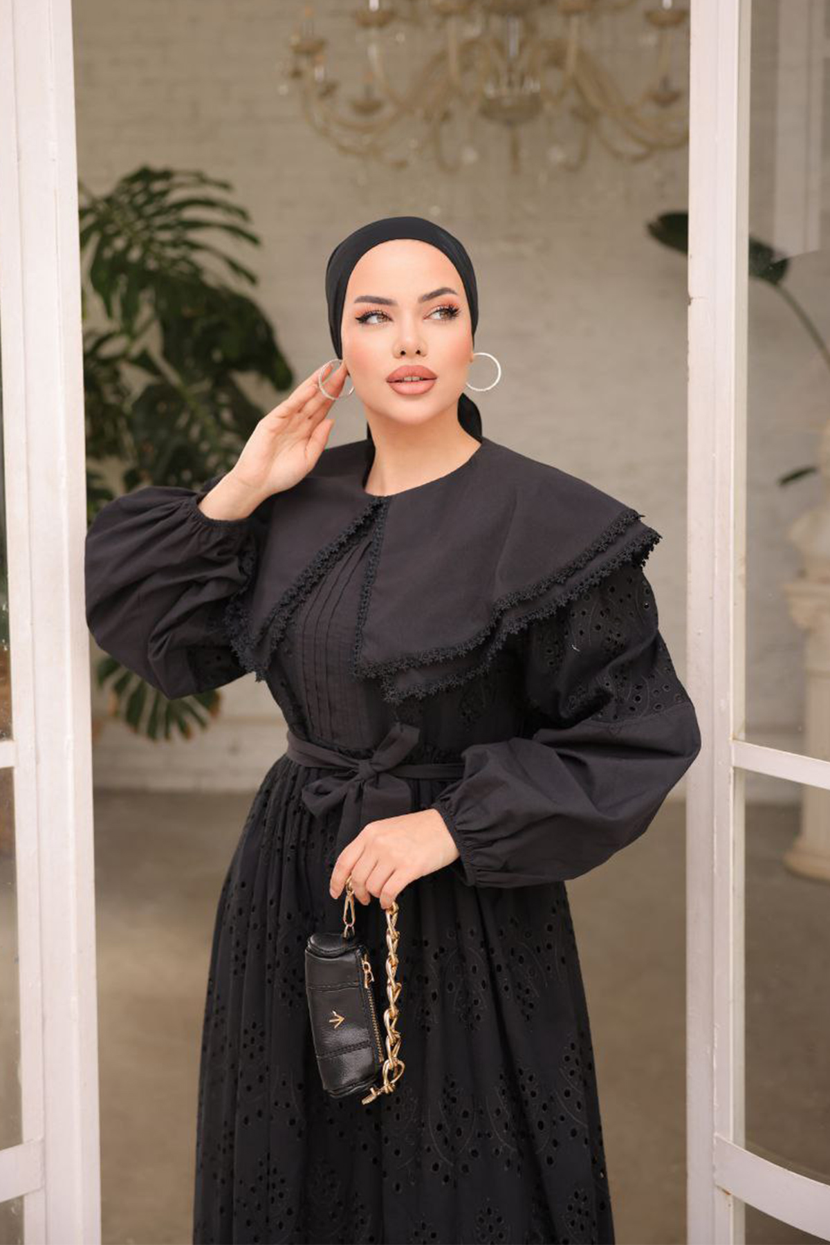 Yaka Detaylı Dantelli Elbise Krem-detail