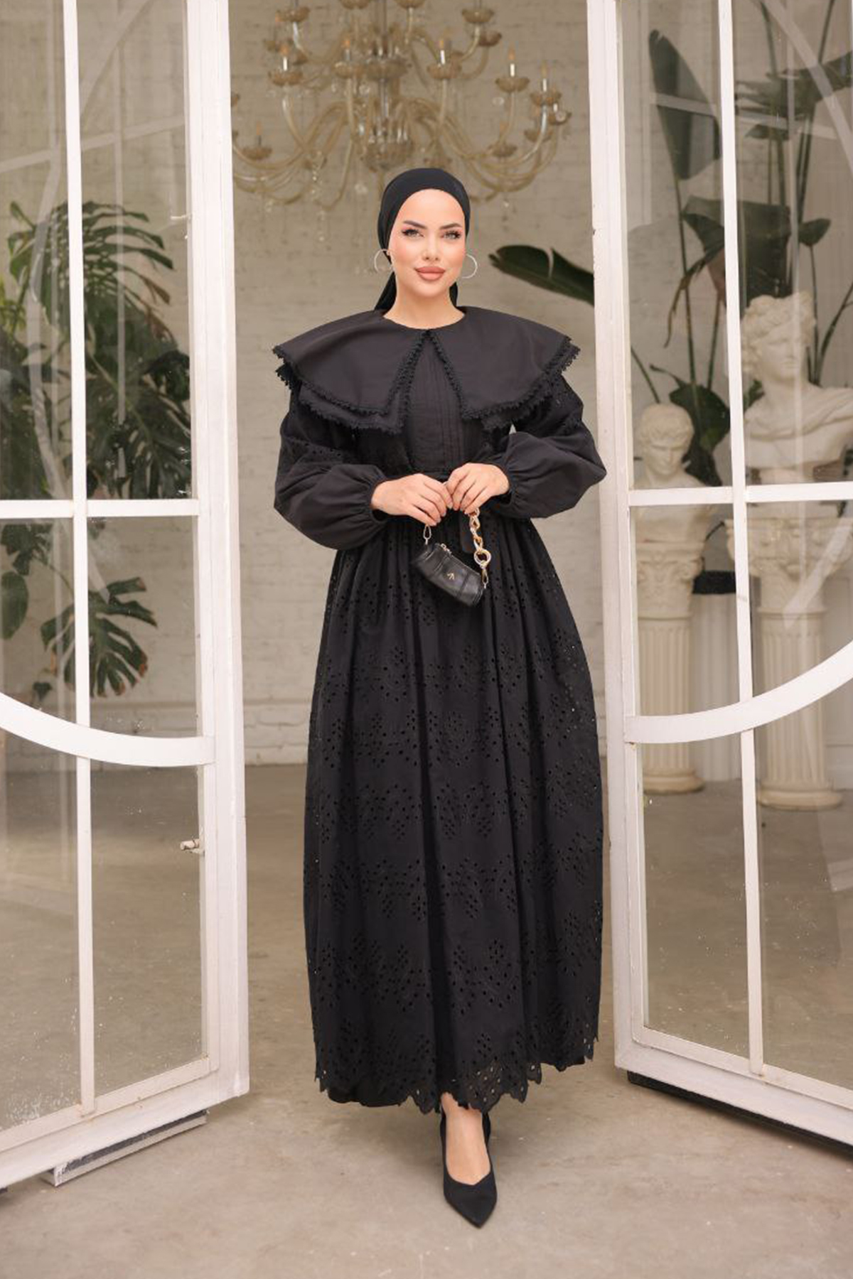 Yaka Detaylı Dantelli Elbise Krem-detail