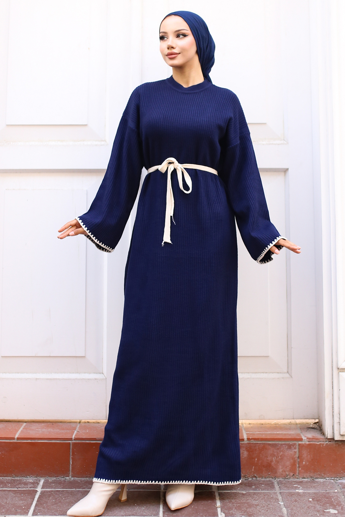 Embroidered Detailed Knit Dress Oil Green-detail