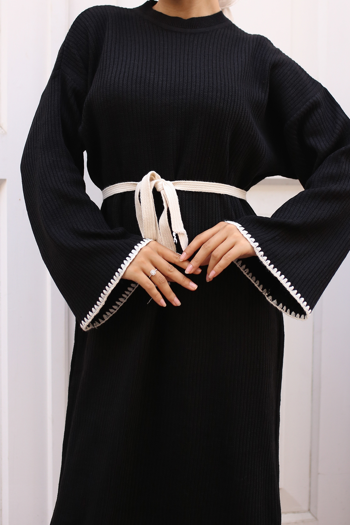 Embroidered Detailed Knit Dress Oil Green-detail