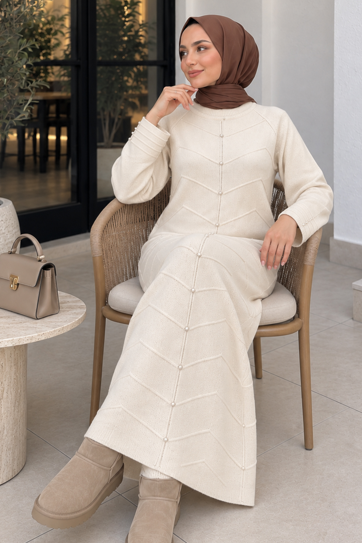 Patterned-sleeve Knit Dress K3070 Ecru-detail
