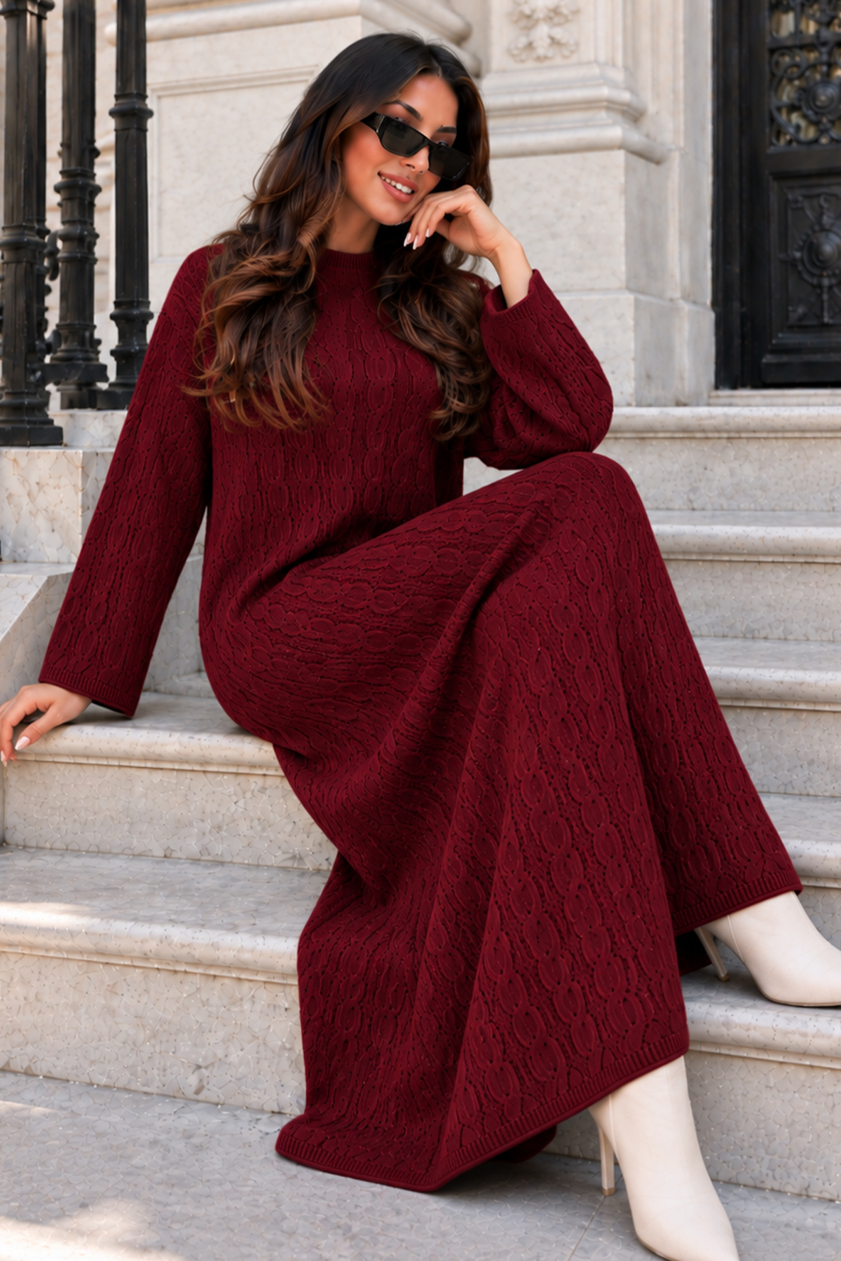 Cable-knit Patterned Dress K3031 Burgundy-detail
