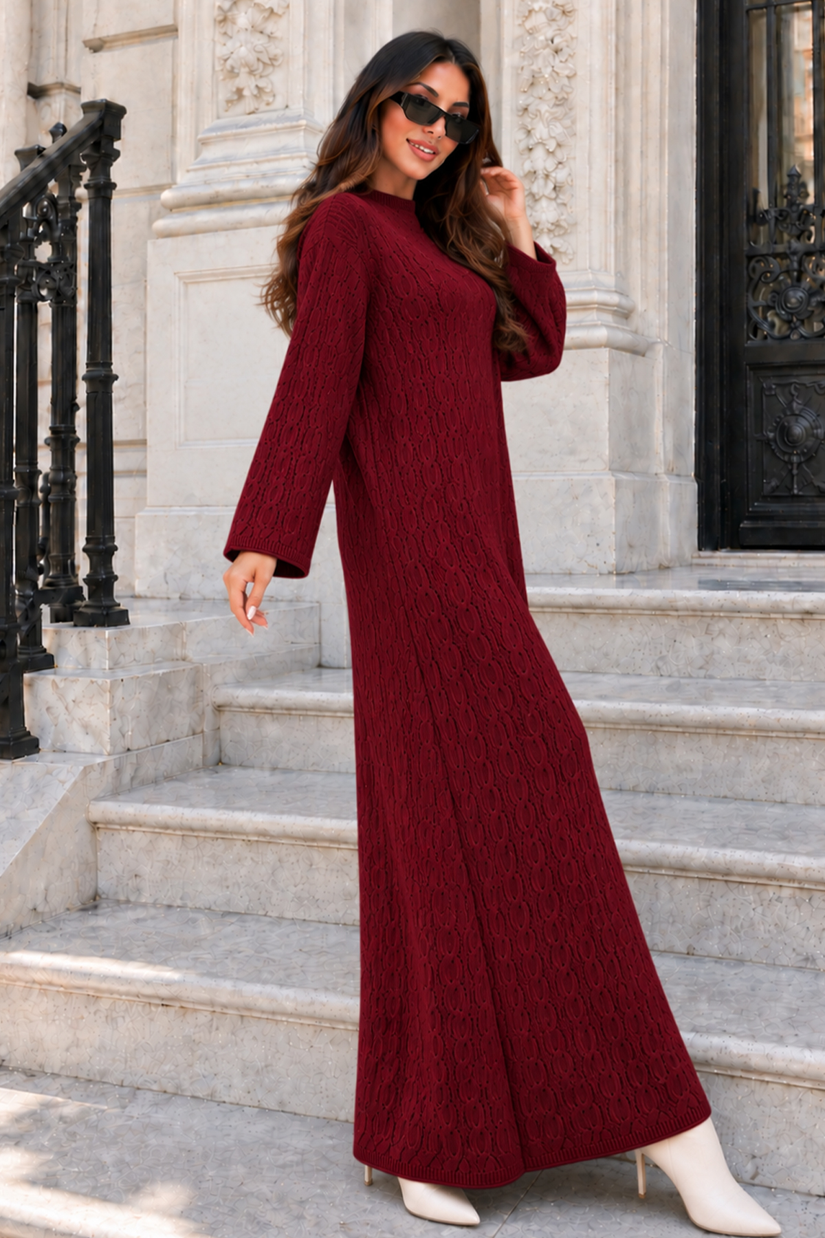 Cable-knit Patterned Dress K3031 Burgundy-detail