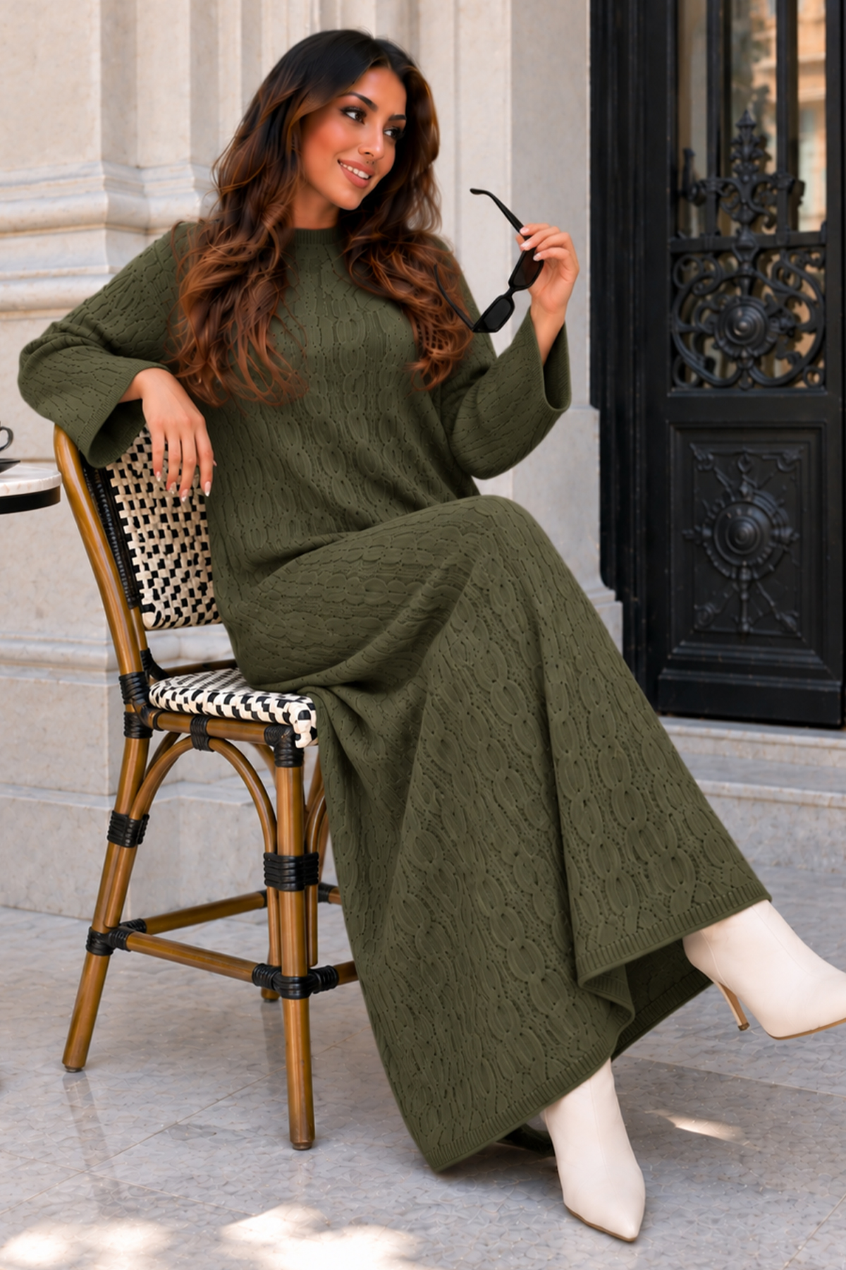 Cable-knit Patterned Dress K3031 Khaki-detail