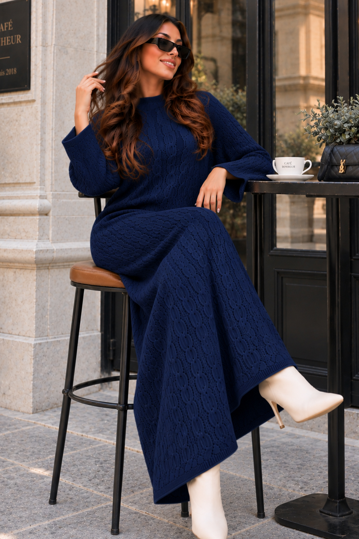 Cable-knit Patterned Dress K3031 Navy Blue-detail