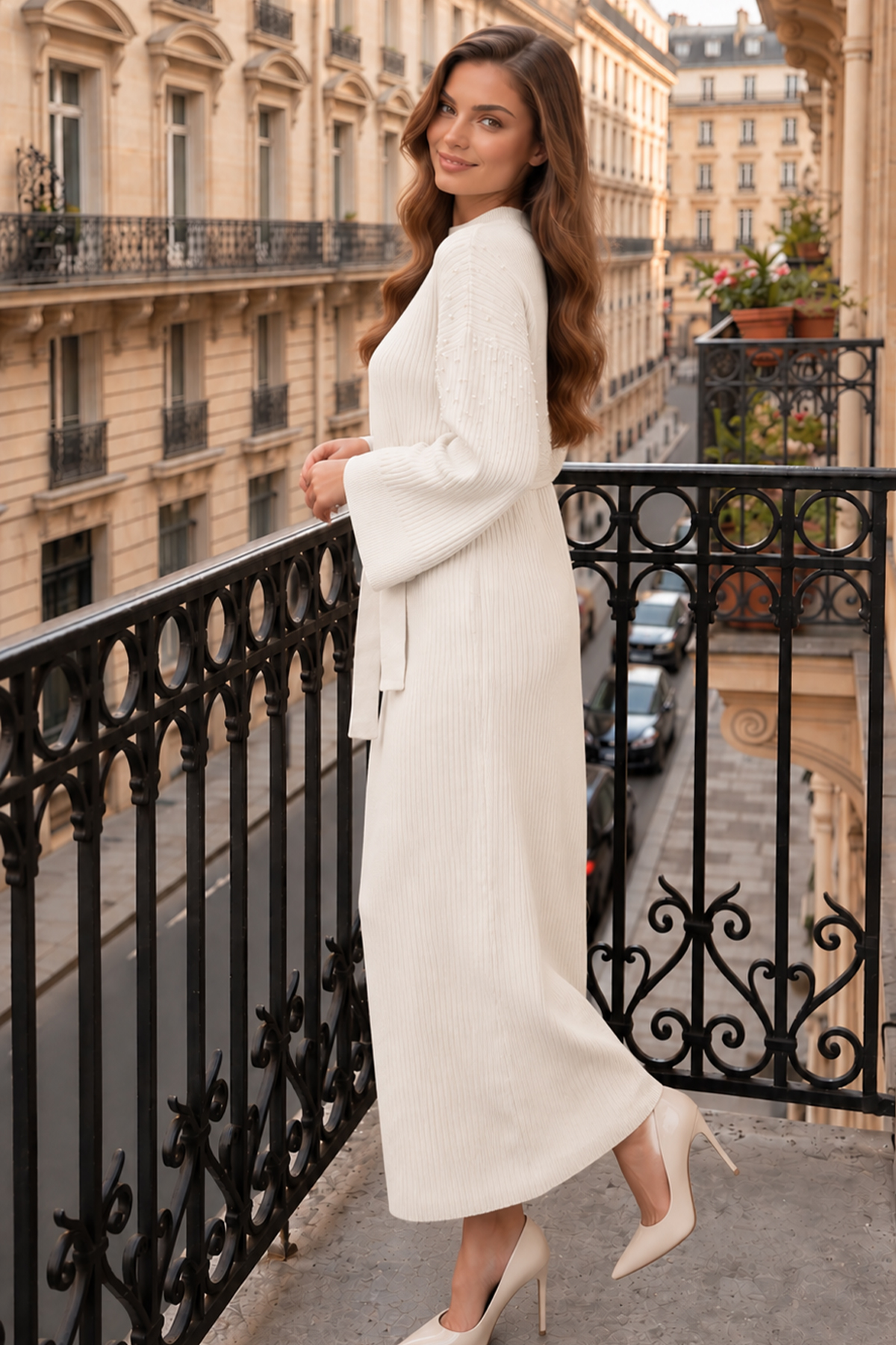 Pearl-embellished Ribbed Knit Dress K3068 Ecru-detail