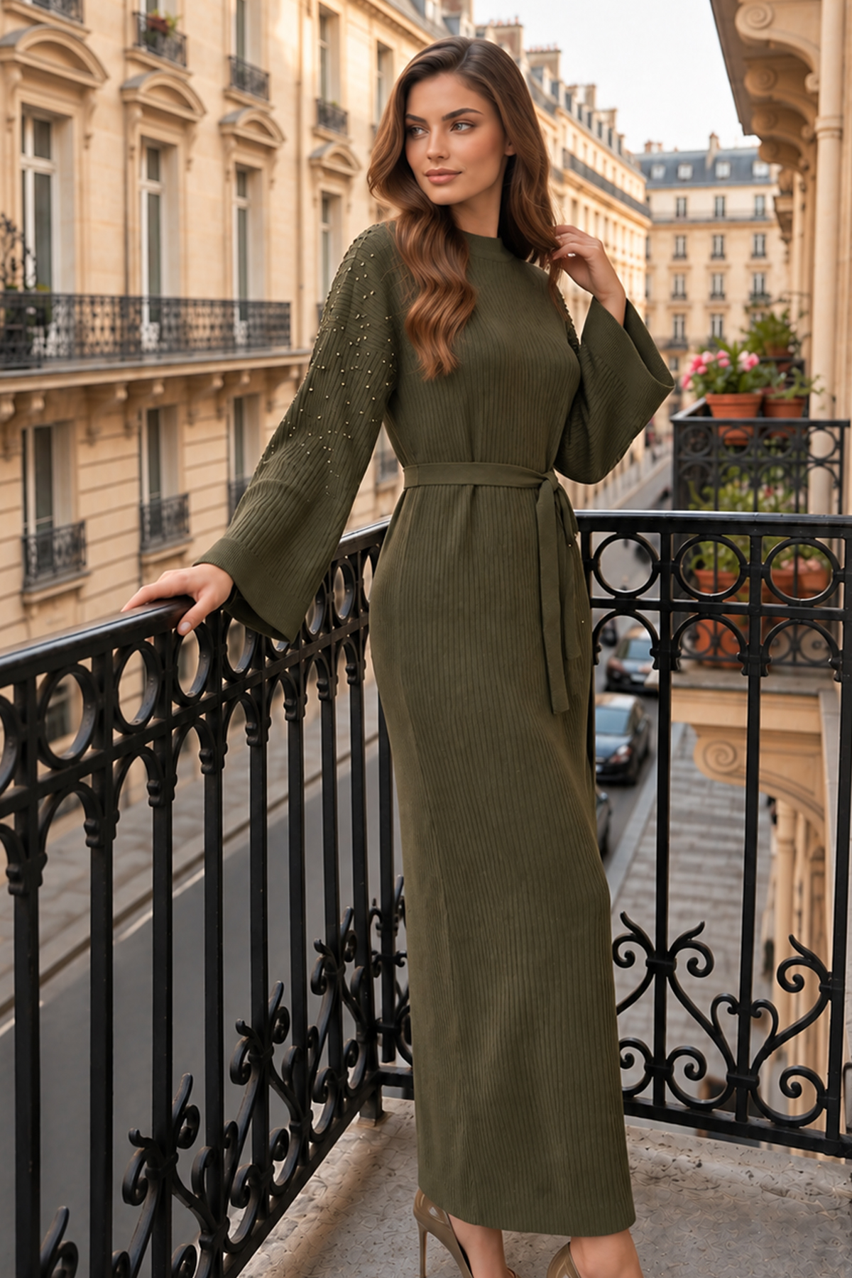 Pearl-embellished Ribbed Knit Dress K3068 Khaki-detail