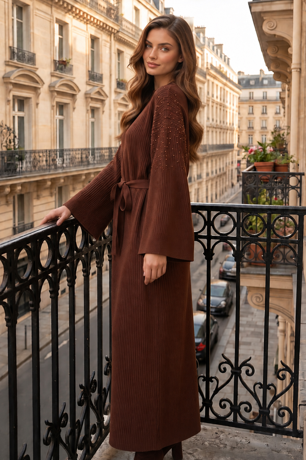 Pearl-embellished Ribbed Knit Dress K3068 Brown-detail