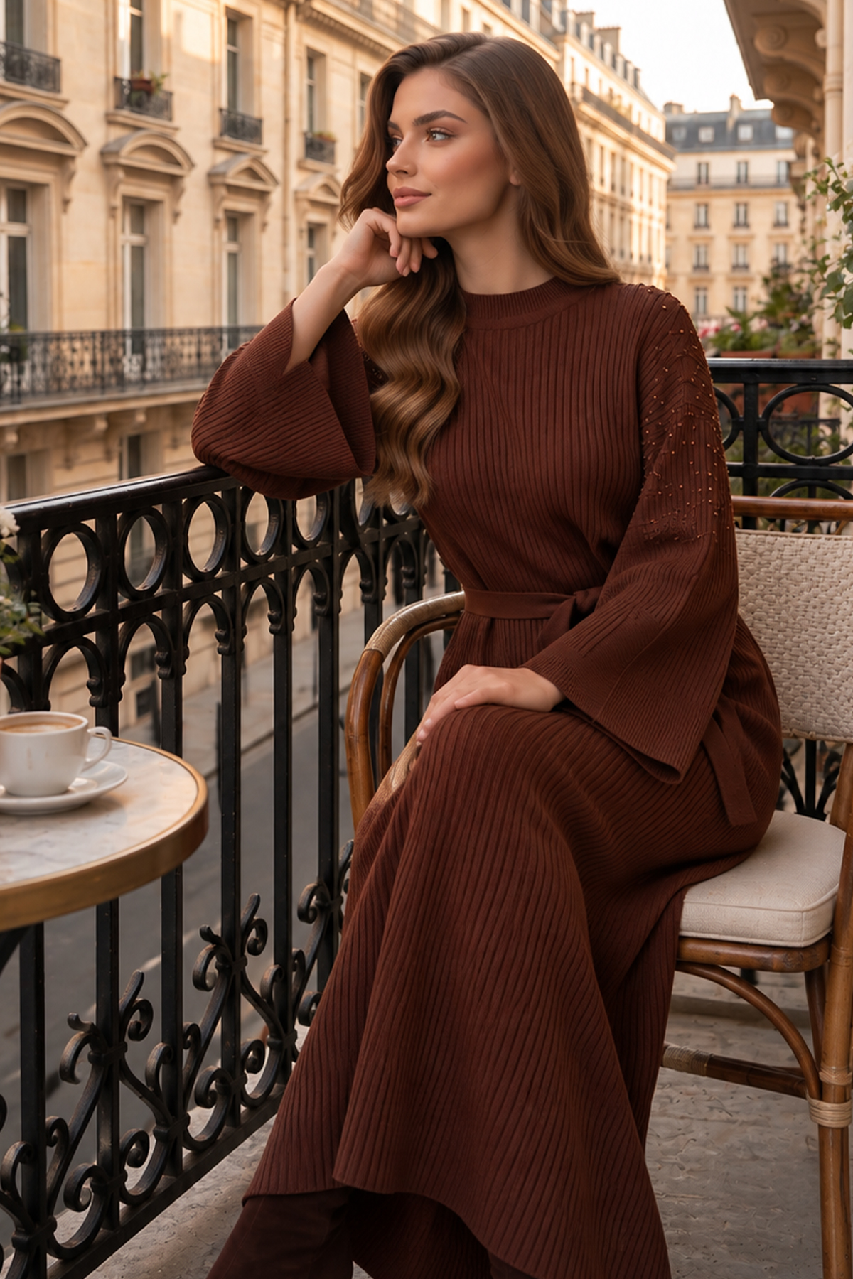 Pearl-embellished Ribbed Knit Dress K3068 Brown