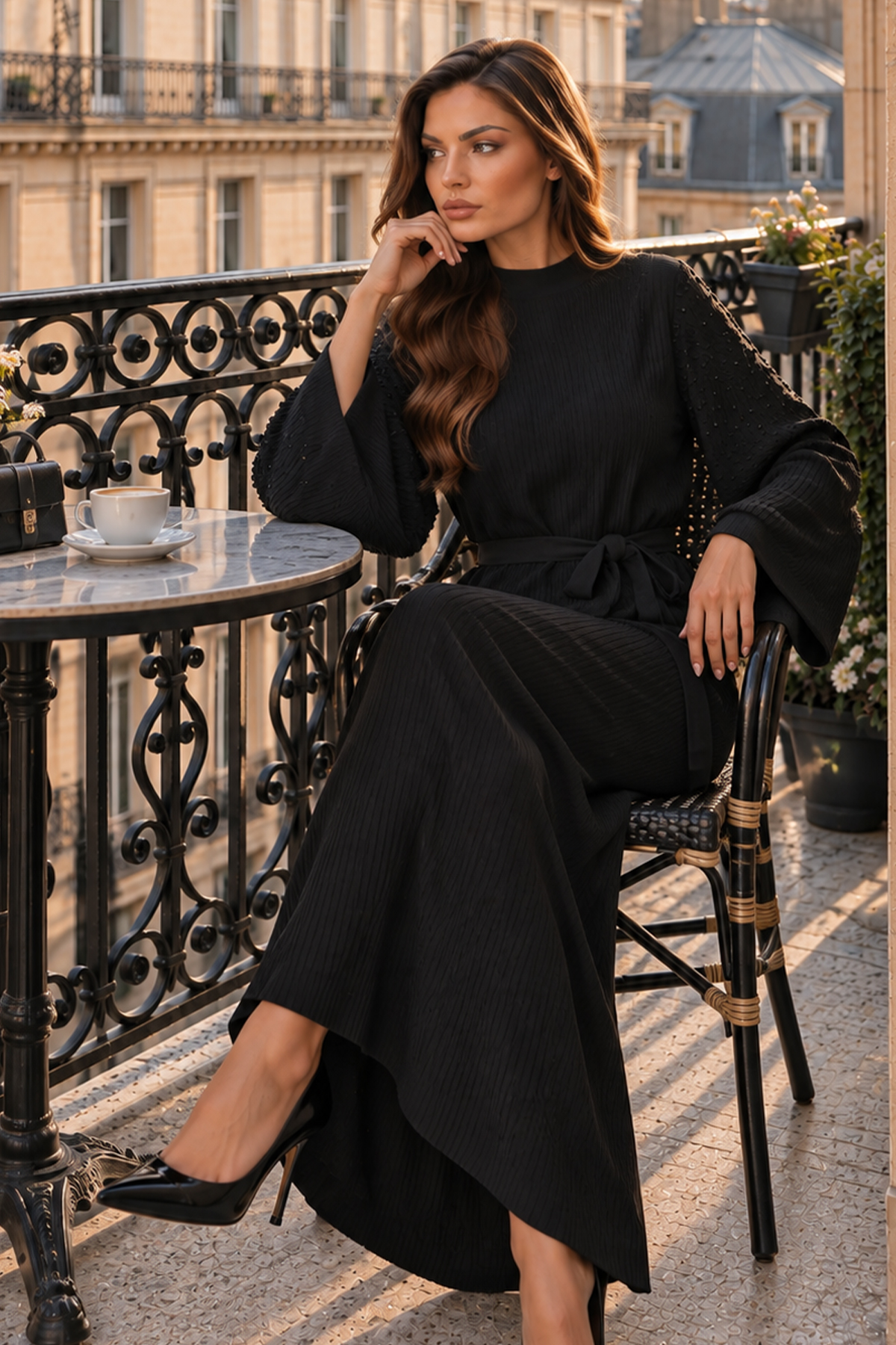 Pearl-embellished Ribbed Knit Dress K3068 Black-detail