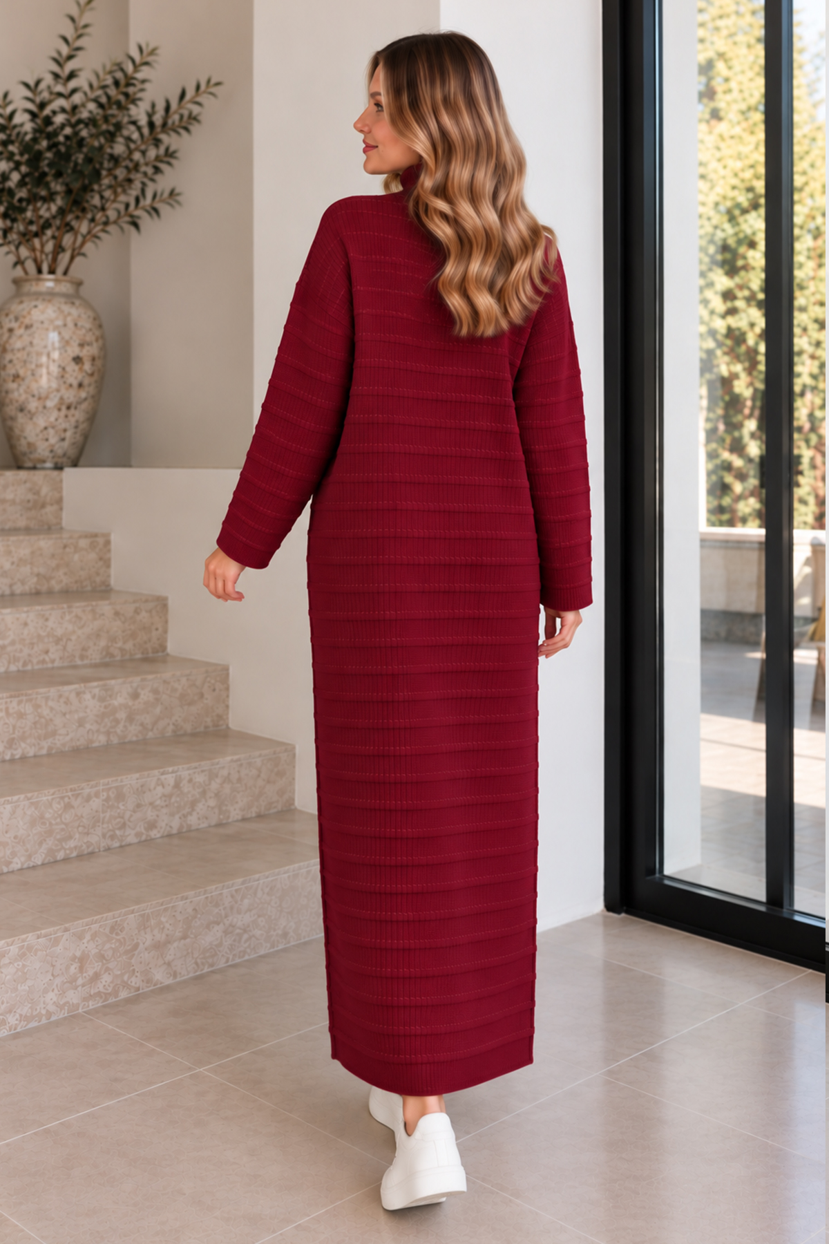 Zip-neck Ribbed Knit Dress K3069 Burgundy-detail