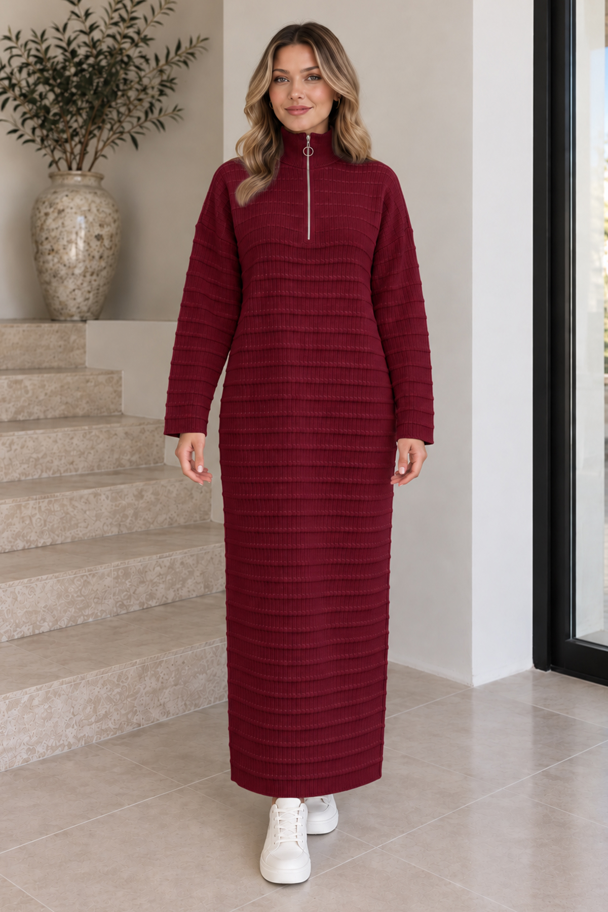 Zip-neck Ribbed Knit Dress K3069 Burgundy