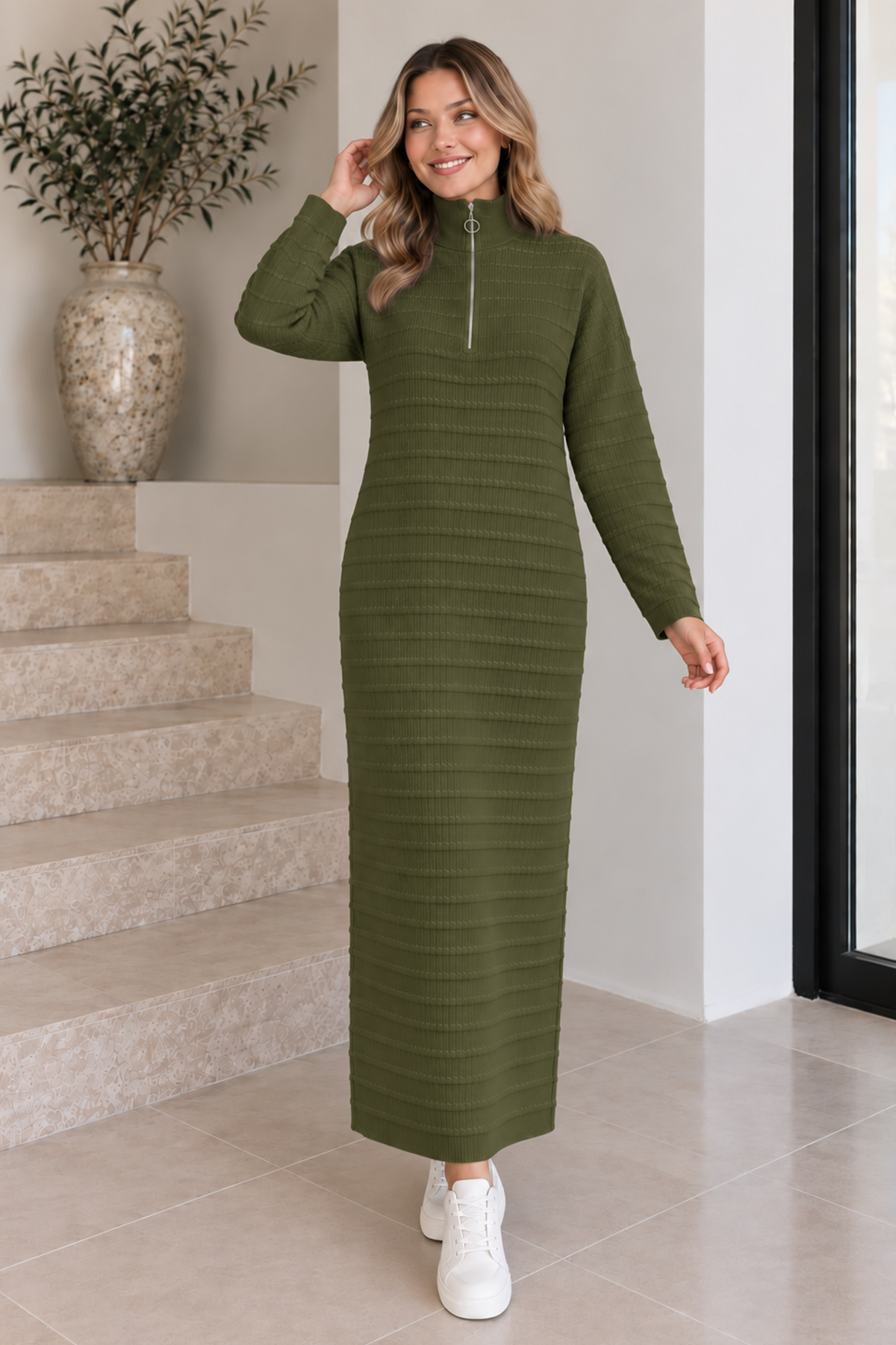 Zip-neck Ribbed Knit Dress K3069 Khaki-detail