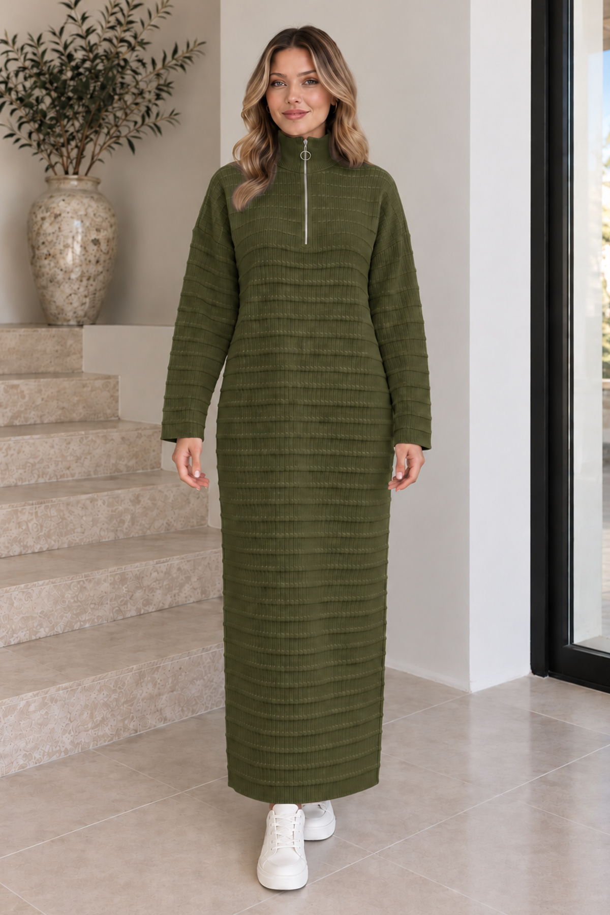 Zip-neck Ribbed Knit Dress K3069 Khaki-detail