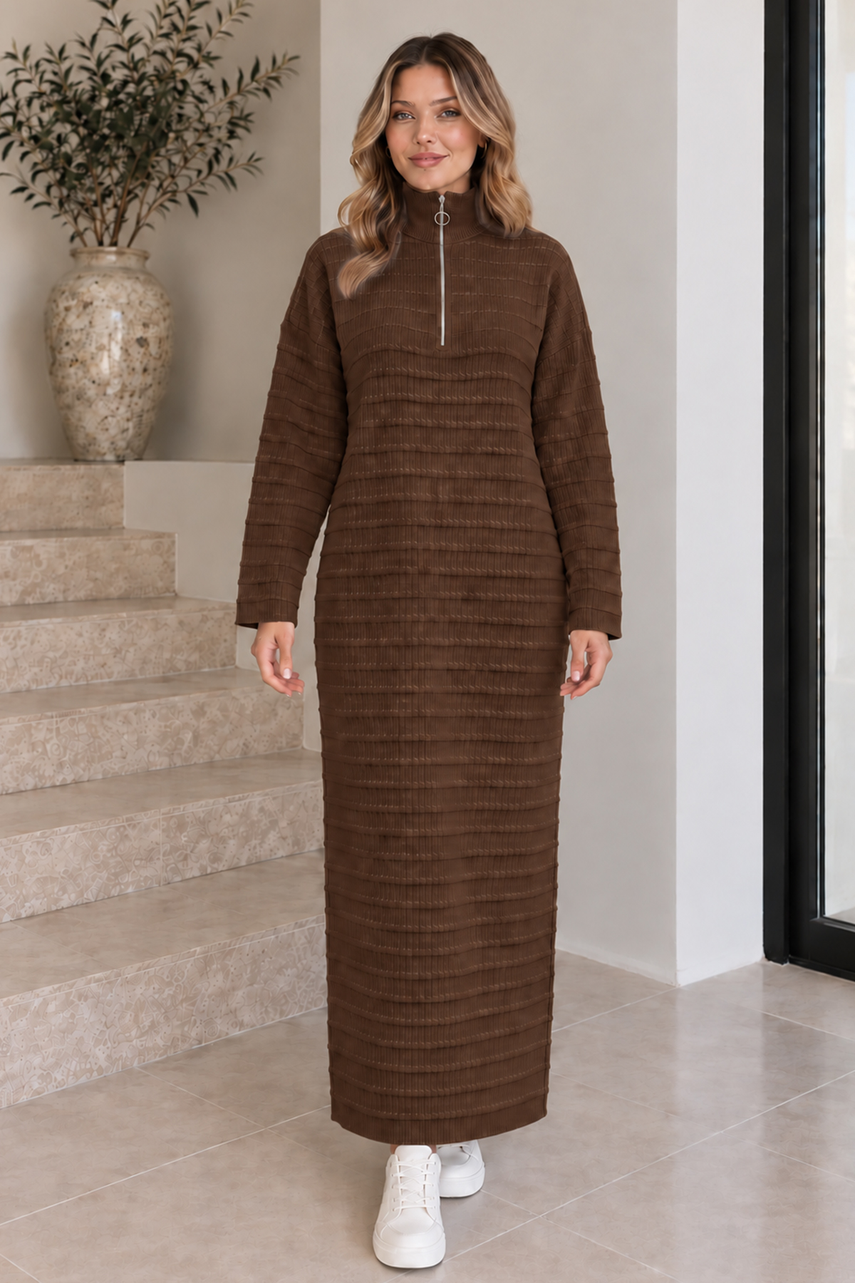 Zip-neck Ribbed Knit Dress K3069 Brown-detail