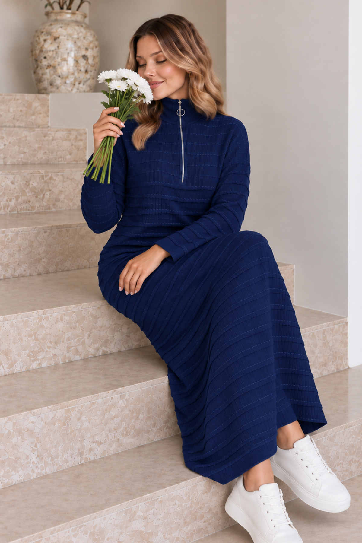 Zip-neck Ribbed Knit Dress K3069 Navy Blue-detail