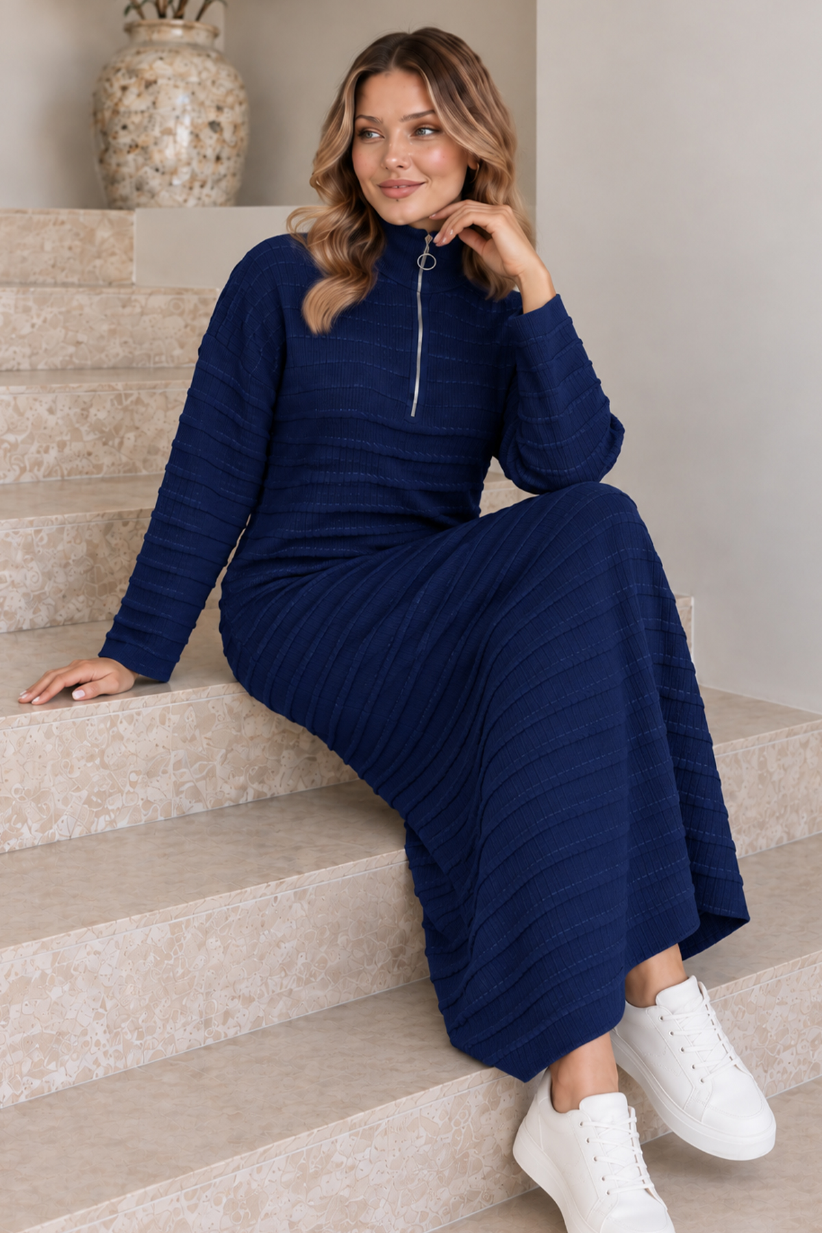 Zip-neck Ribbed Knit Dress K3069 Navy Blue-detail