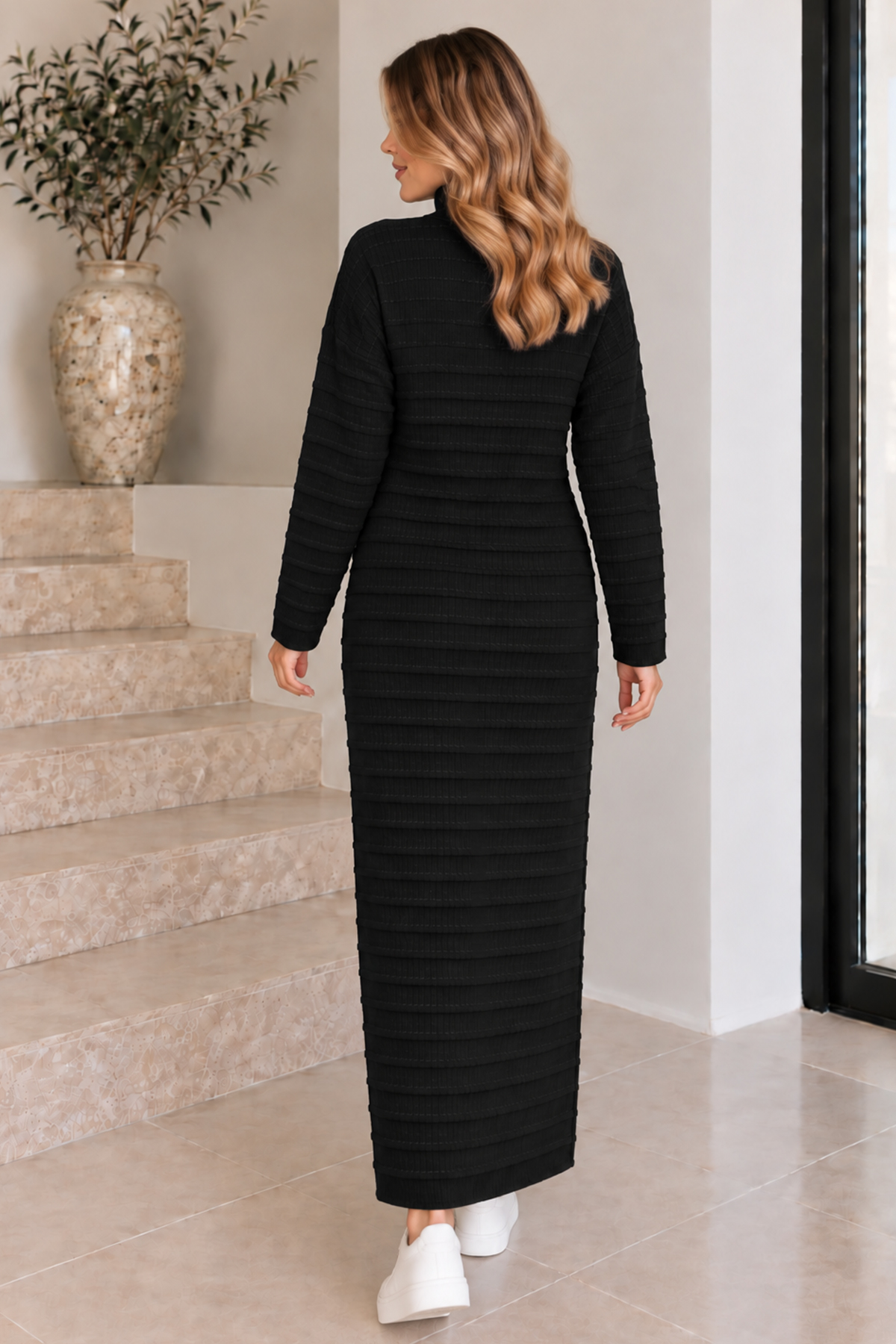 Zip-neck Ribbed Knit Dress K3069 Black-detail