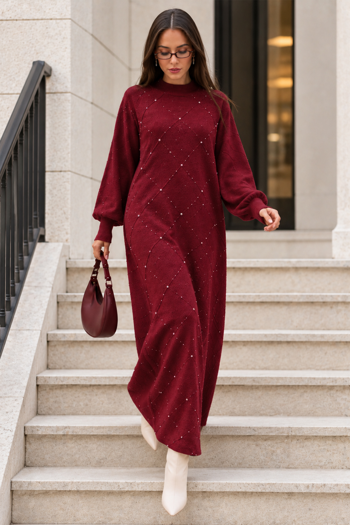 Stone-embellished Knit Dress K3071 Burgundy-detail