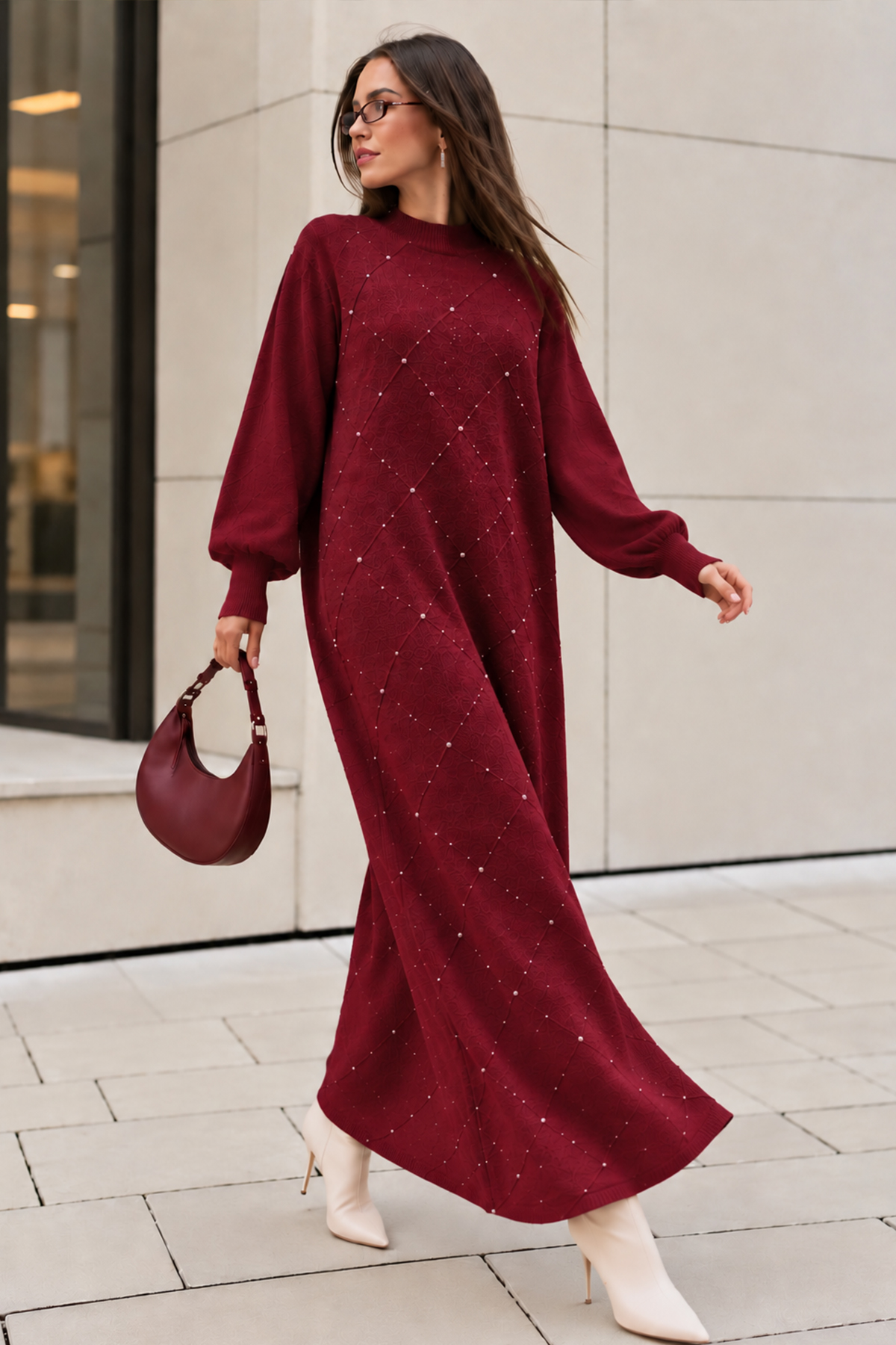 Stone-embellished Knit Dress K3071 Burgundy-detail
