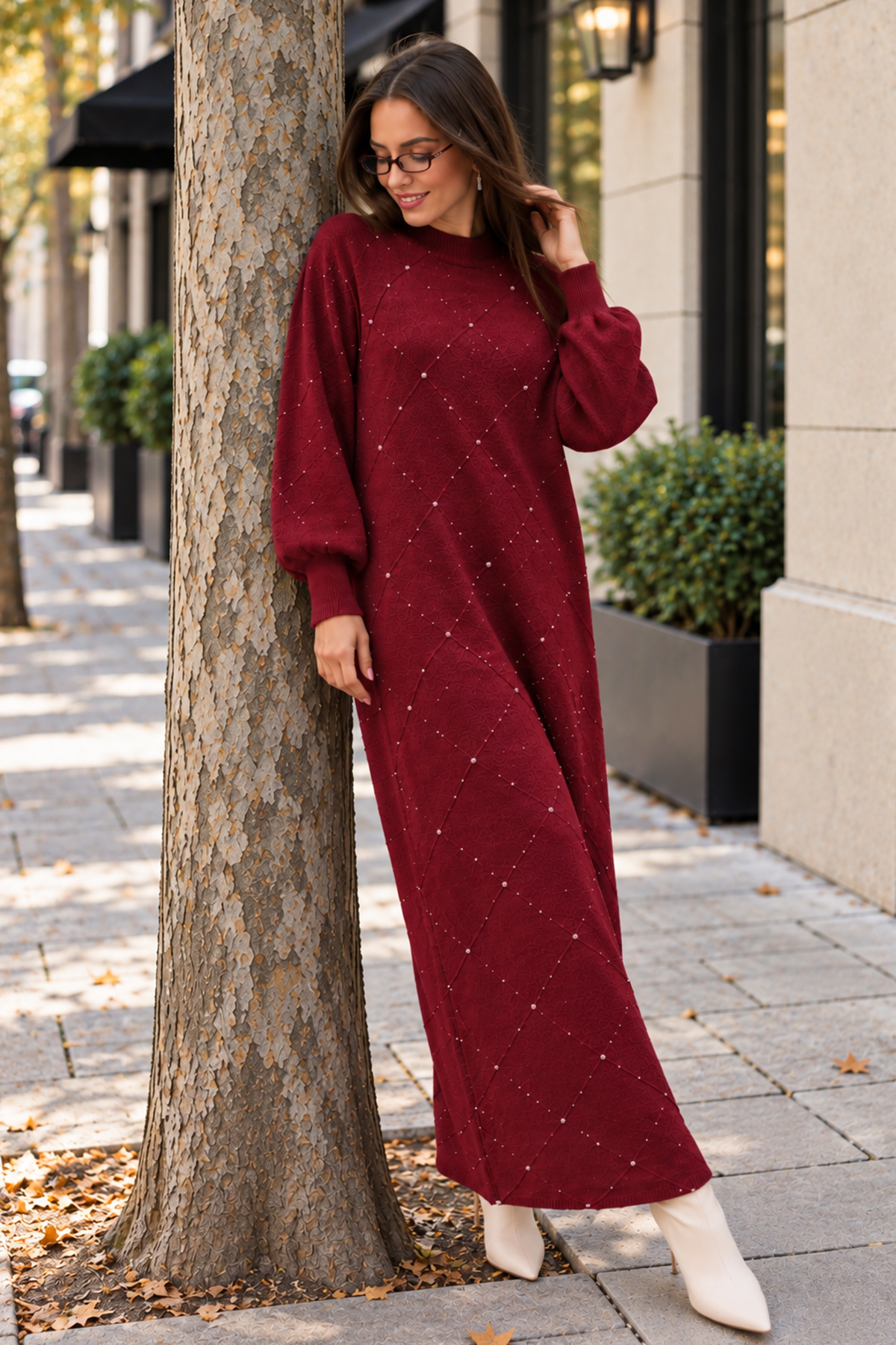Stone-embellished Knit Dress K3071 Burgundy