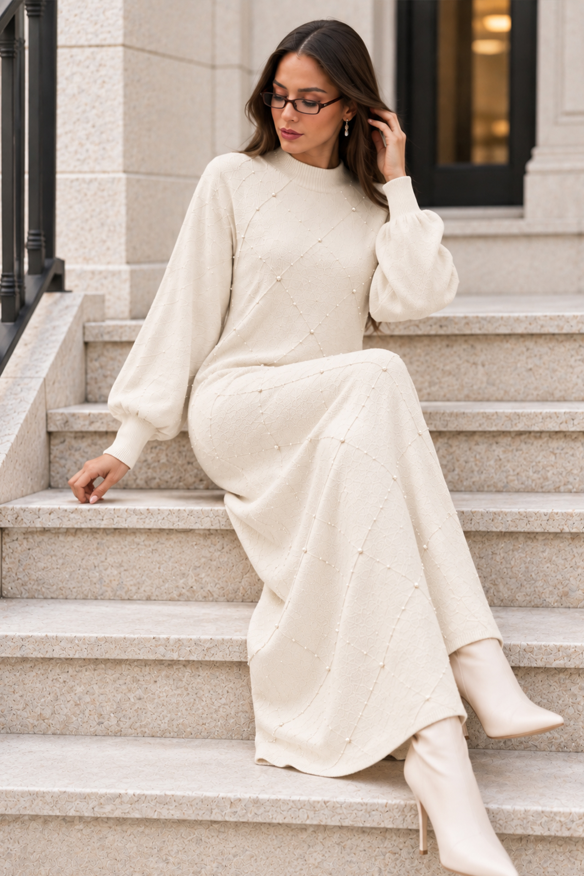 Stone-embellished Knit Dress K3071 Ecru-detail