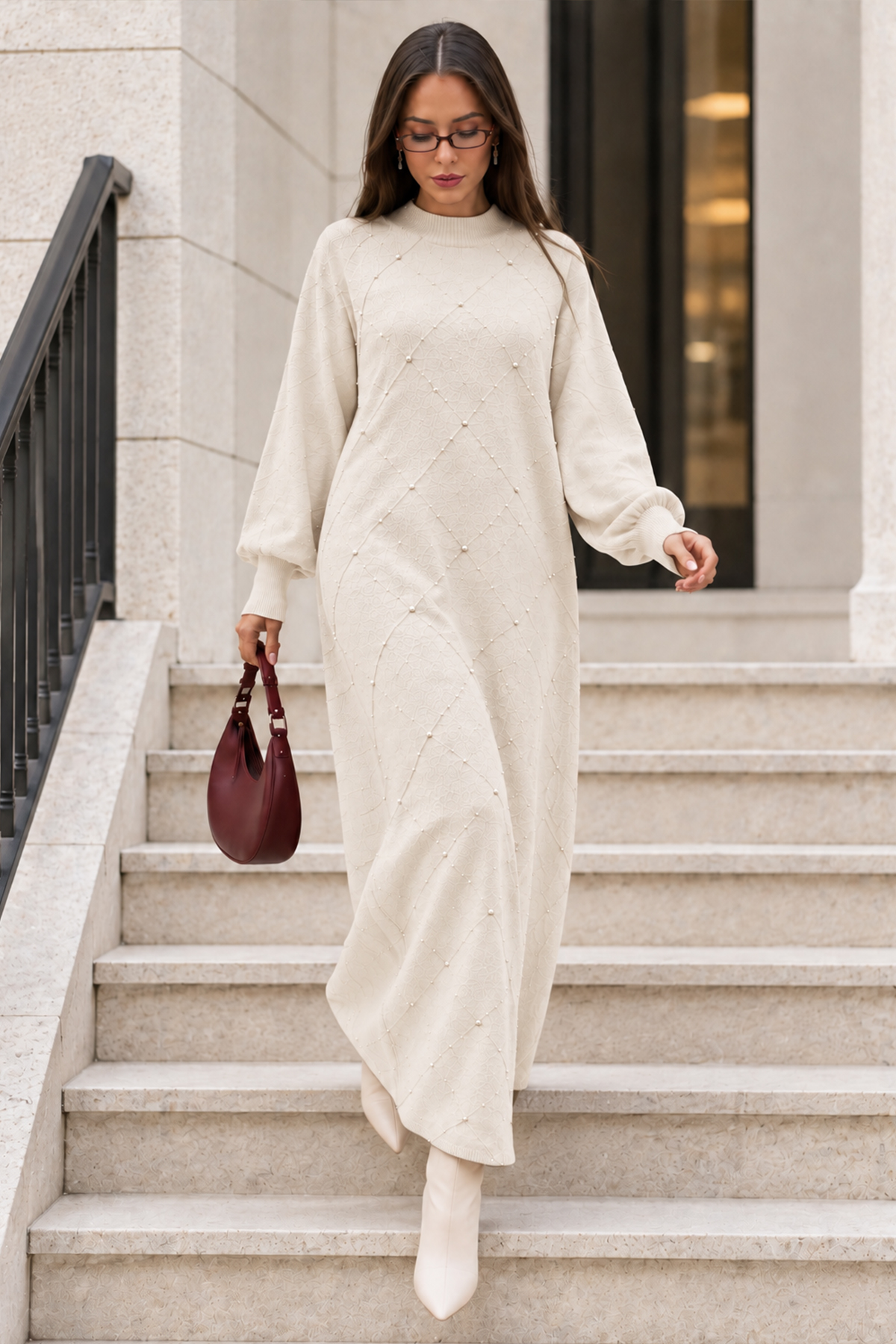 Stone-embellished Knit Dress K3071 Ecru