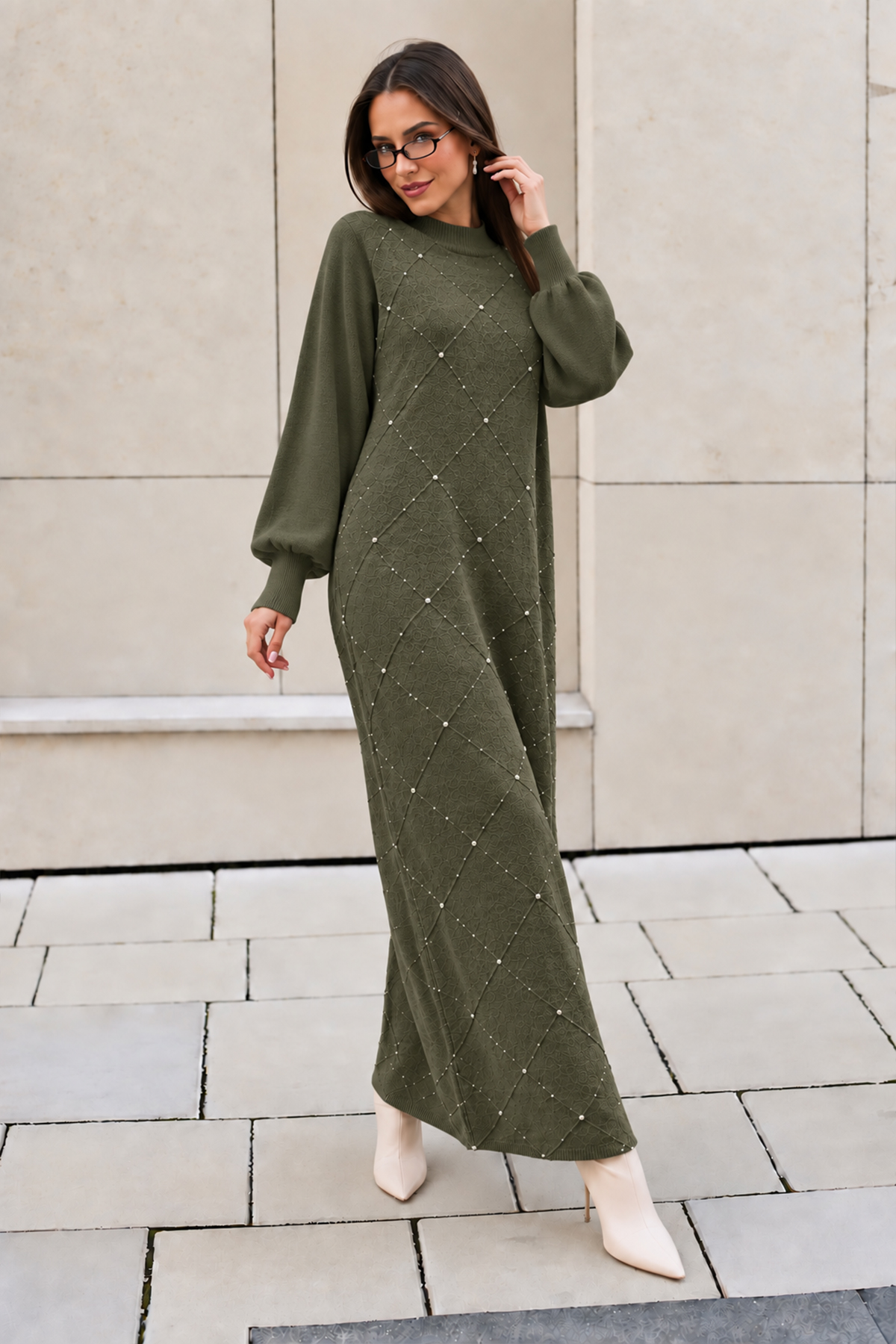Stone-embellished Knit Dress K3071 Khaki-detail