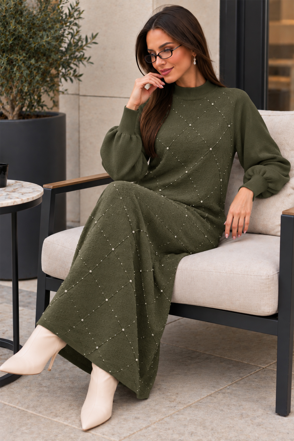 Stone-embellished Knit Dress K3071 Khaki