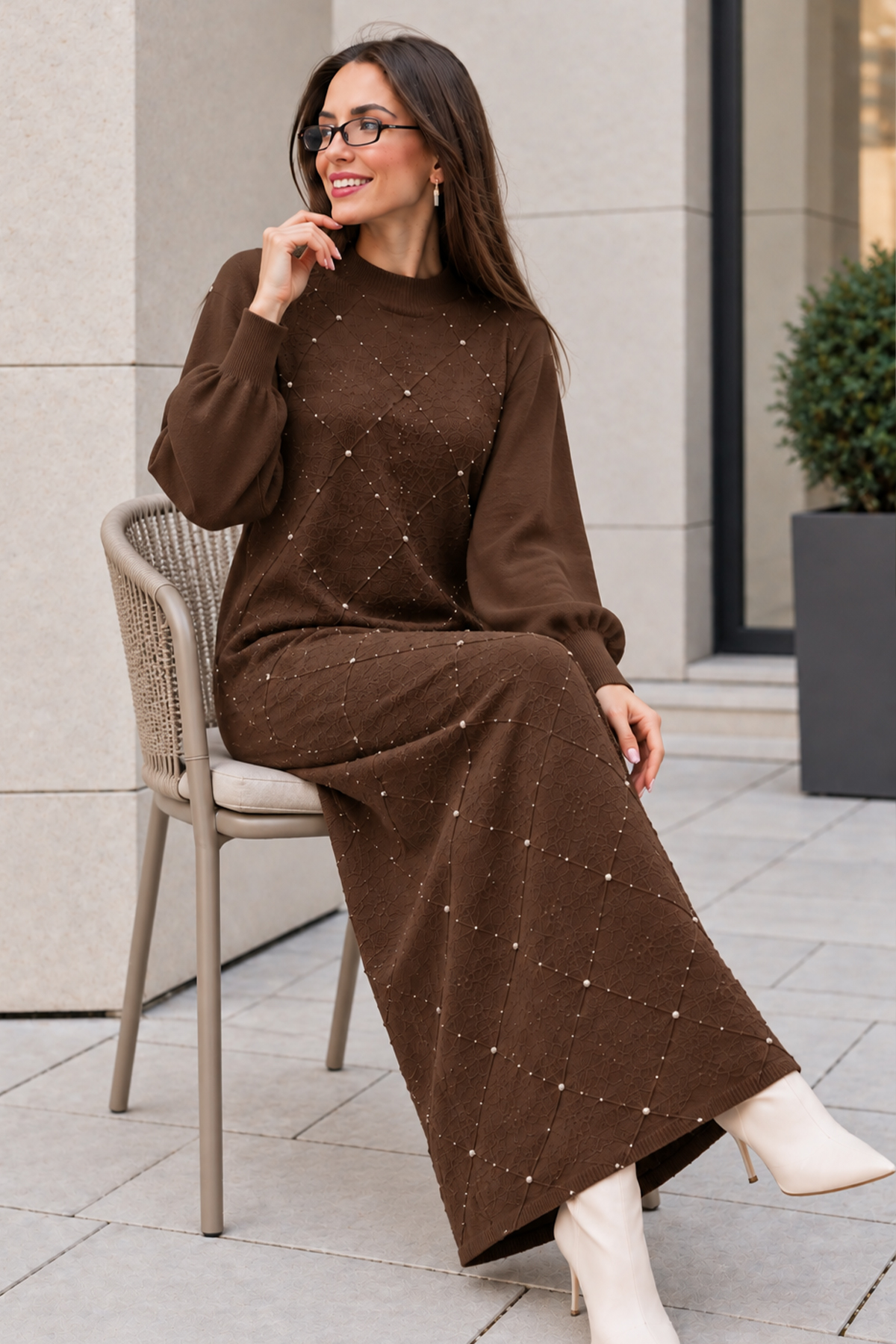 Stone-embellished Knit Dress K3071 Brown