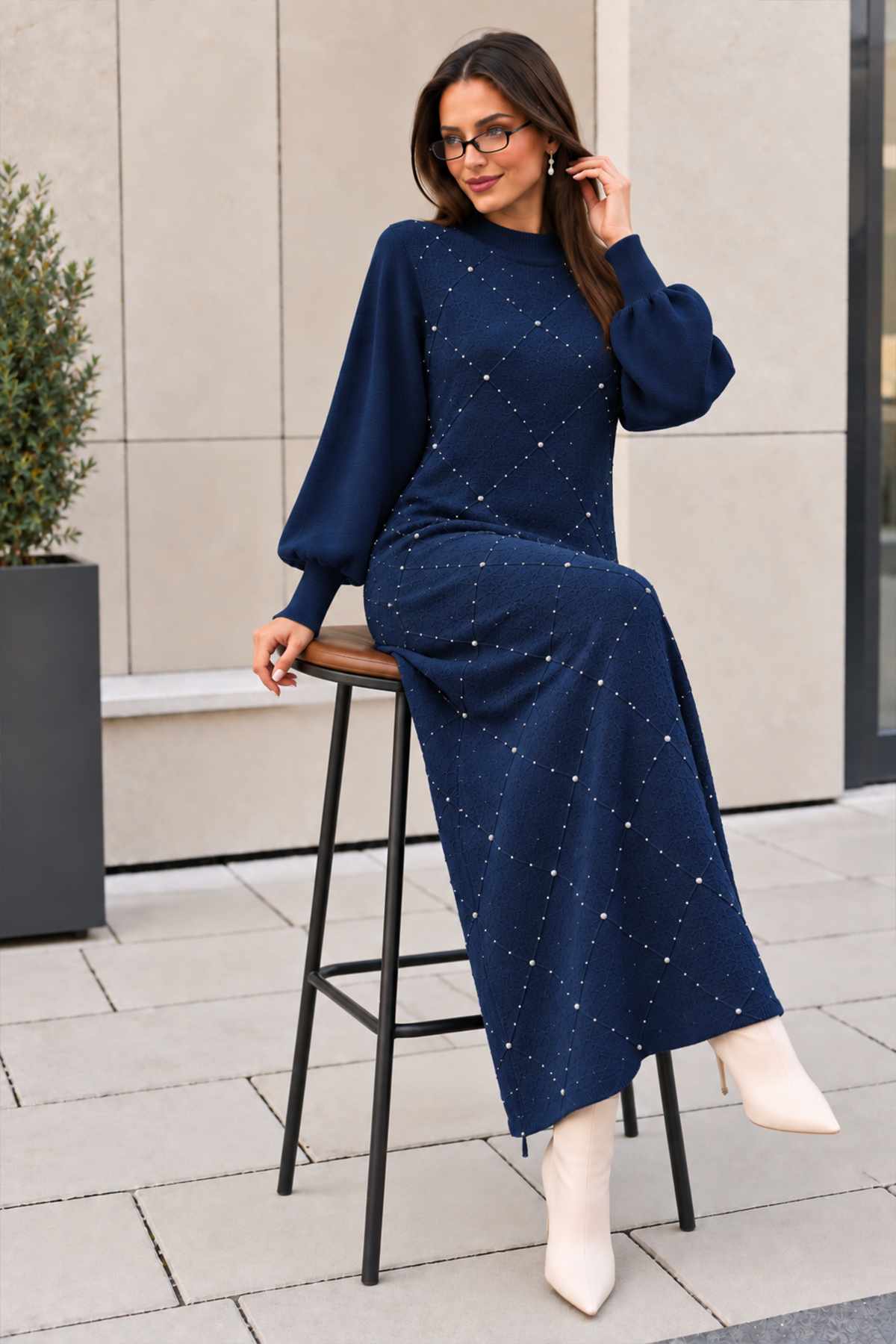 Stone-embellished Knit Dress K3071 Navy Blue-detail