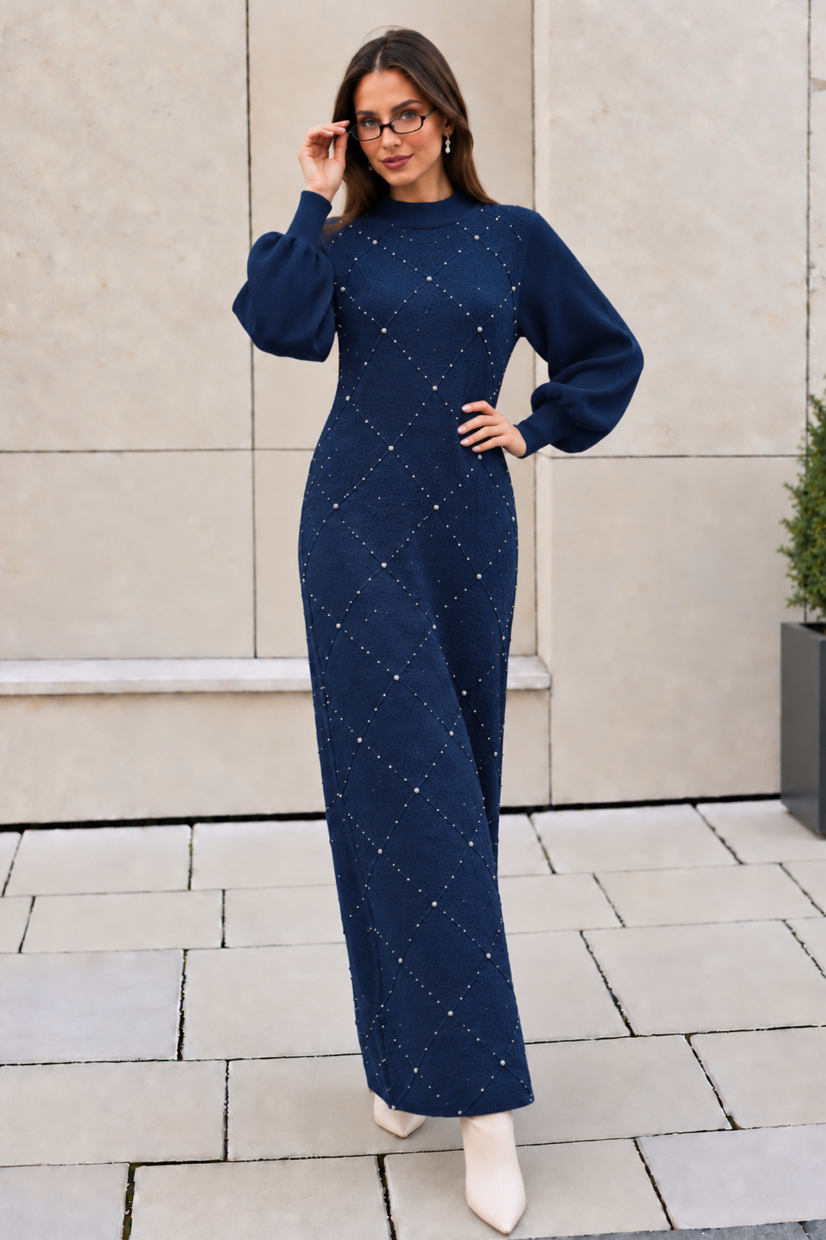 Stone-embellished Knit Dress K3071 Navy Blue