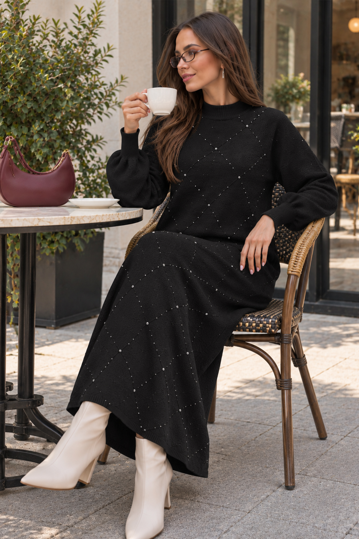Stone-embellished Knit Dress K3071 Black-detail