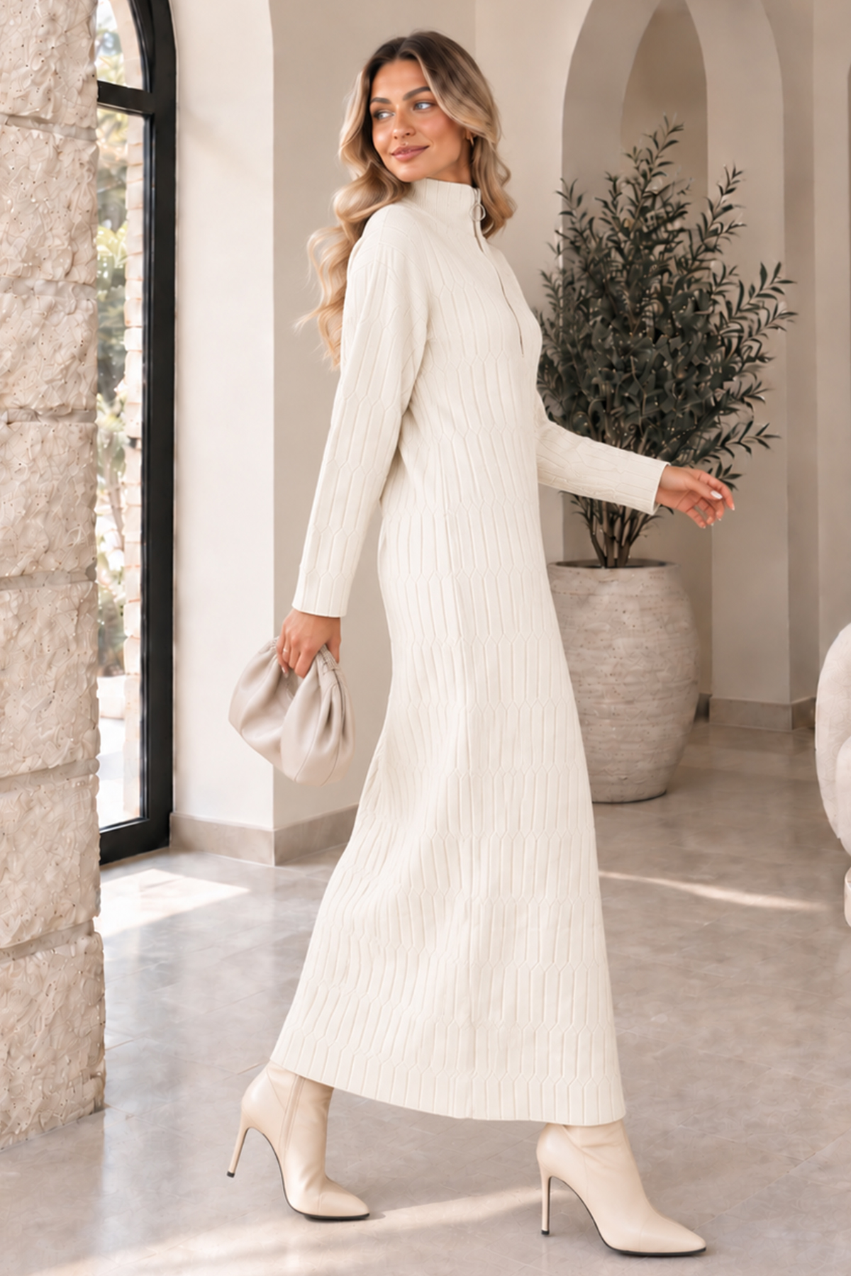 Zip-neck Knit Dress K3055 Ecru-detail