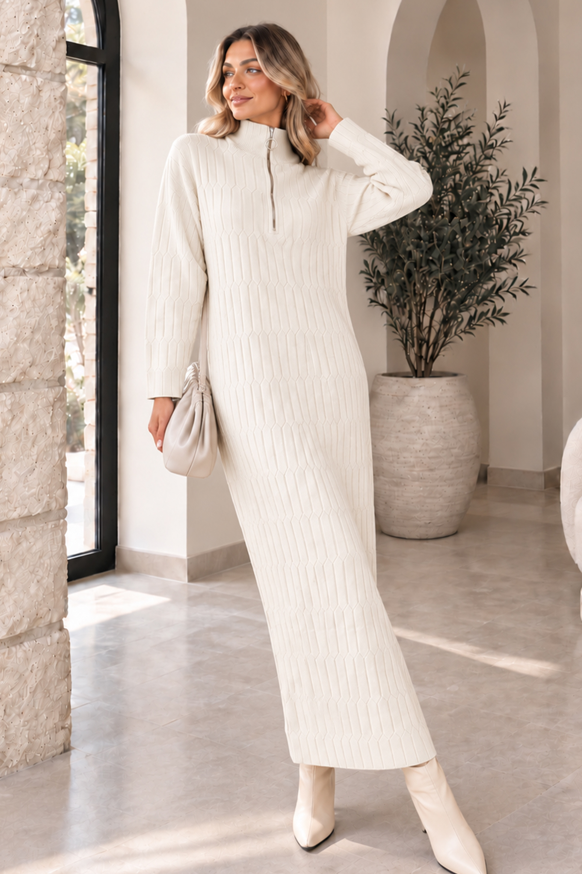 Zip-neck Knit Dress K3055 Ecru