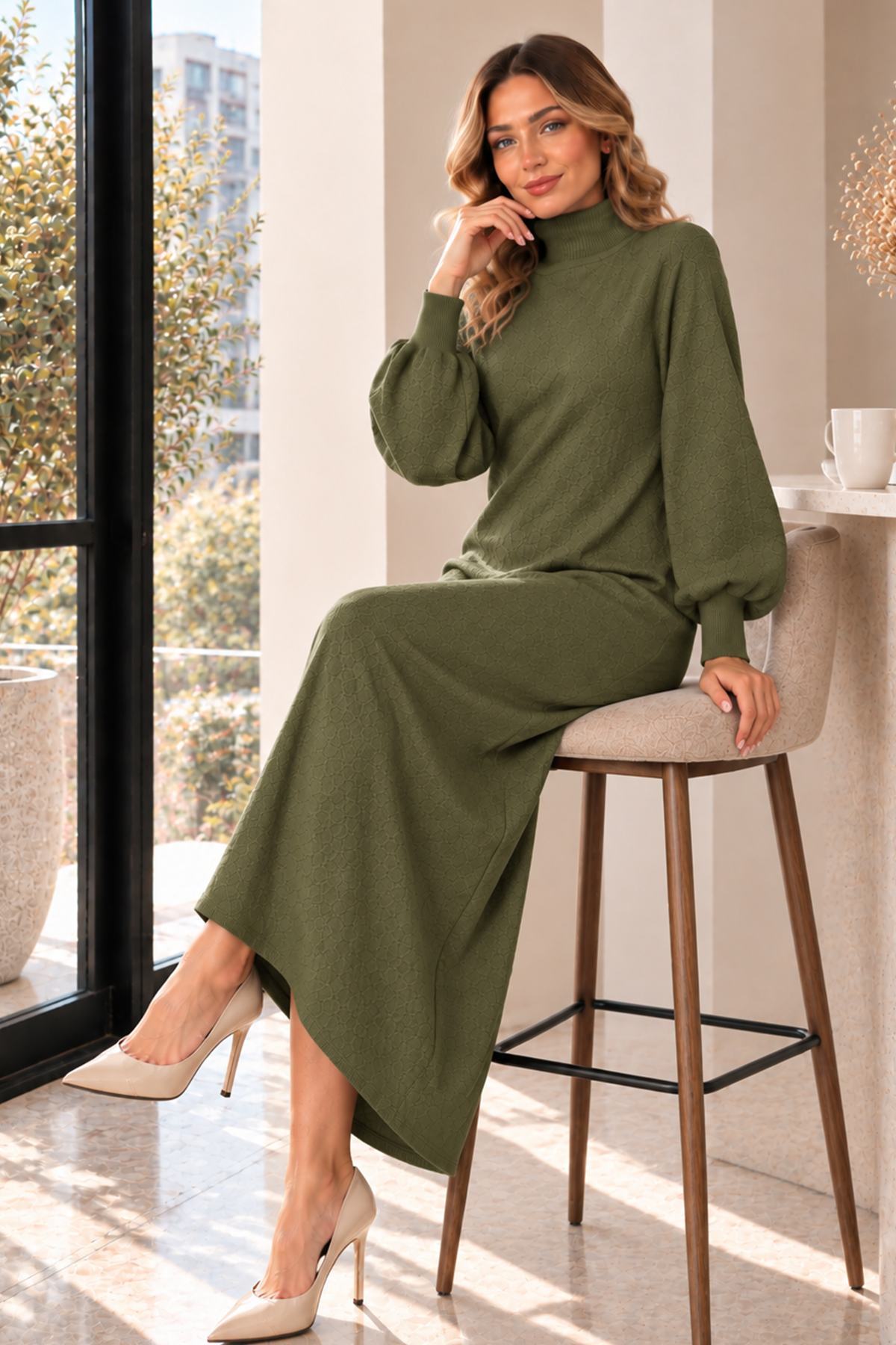Turtleneck Knit Dress K3048 Khaki-detail