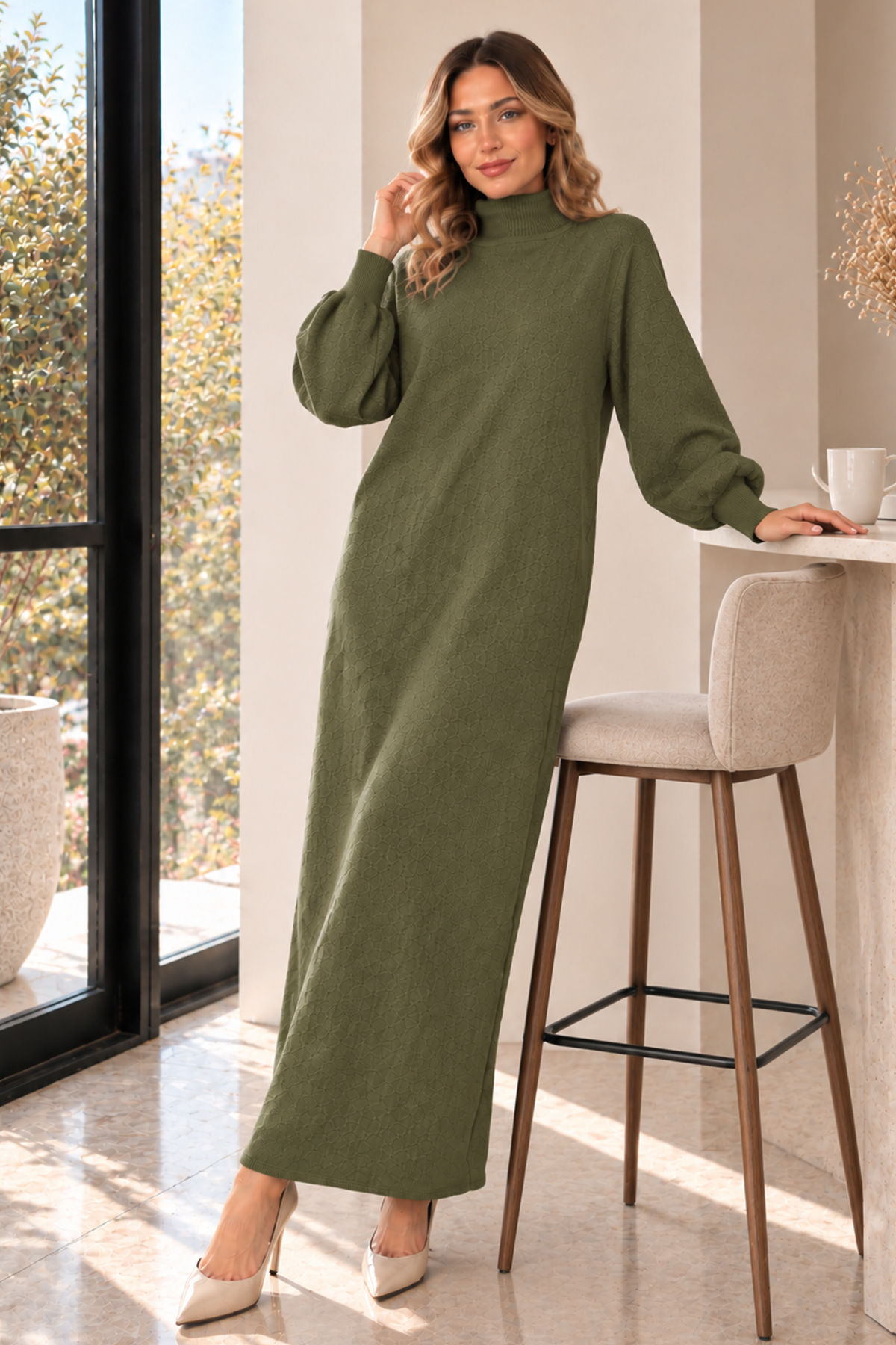 Turtleneck Knit Dress K3048 Khaki