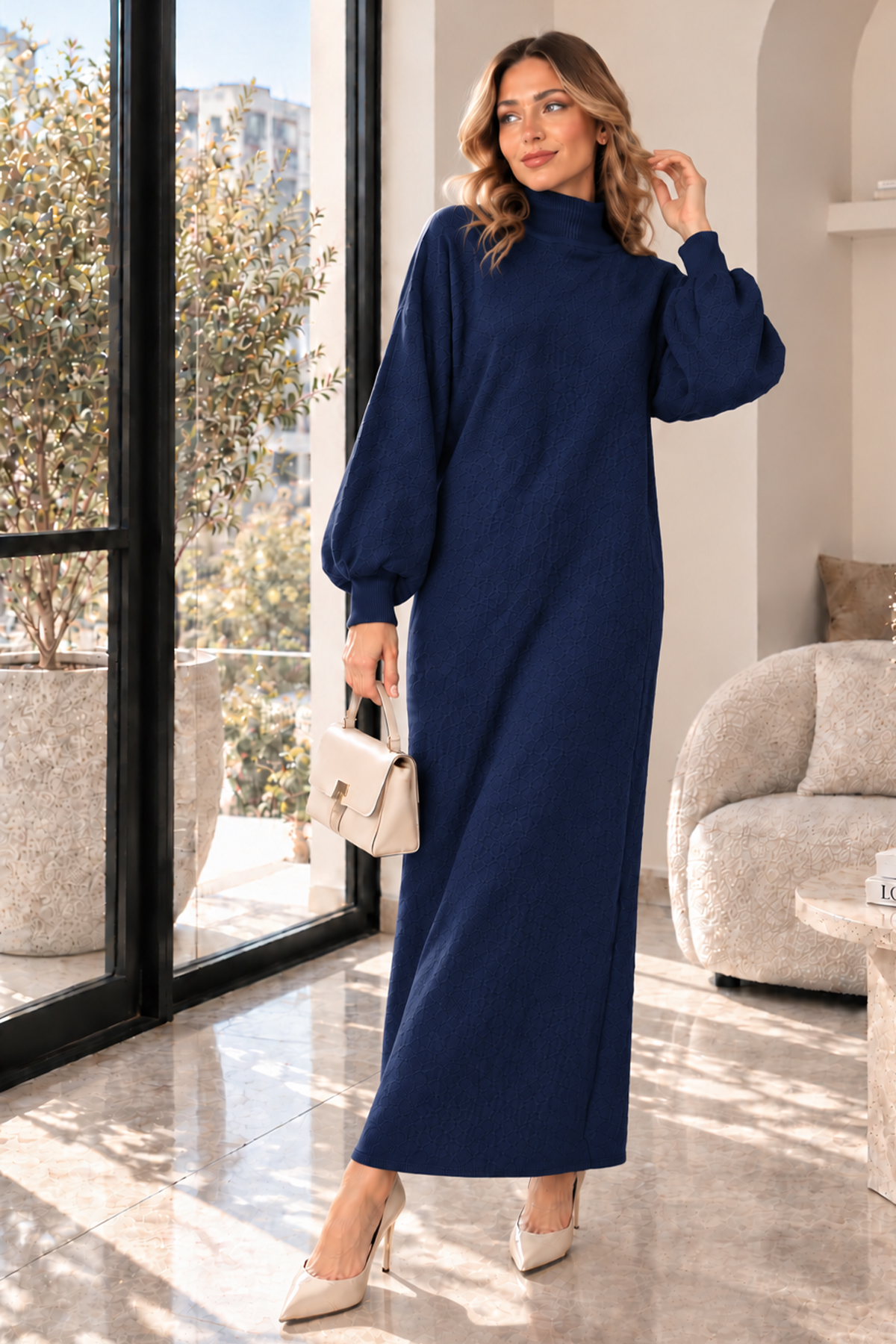 Turtleneck Knit Dress K3048 Navy Blue-detail