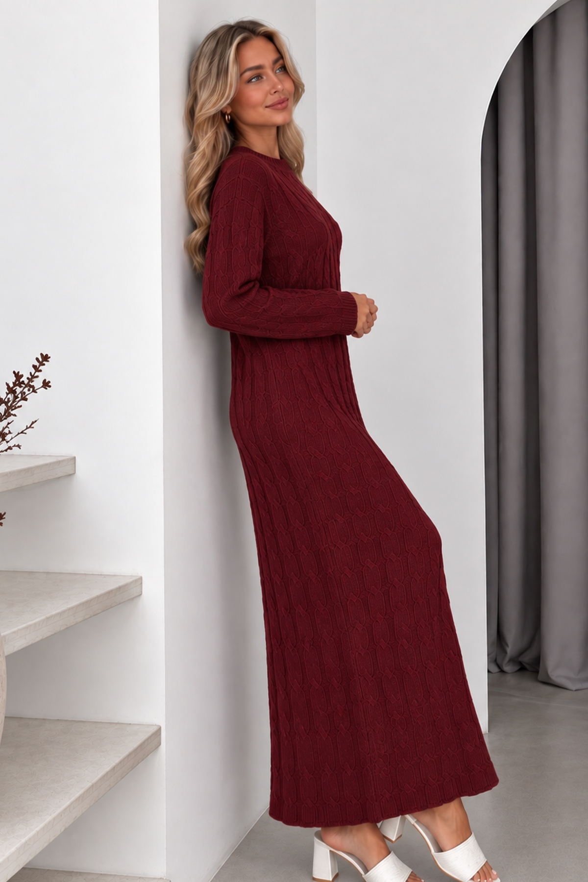 Cable-knit Patterned Dress K3024 Burgundy-detail