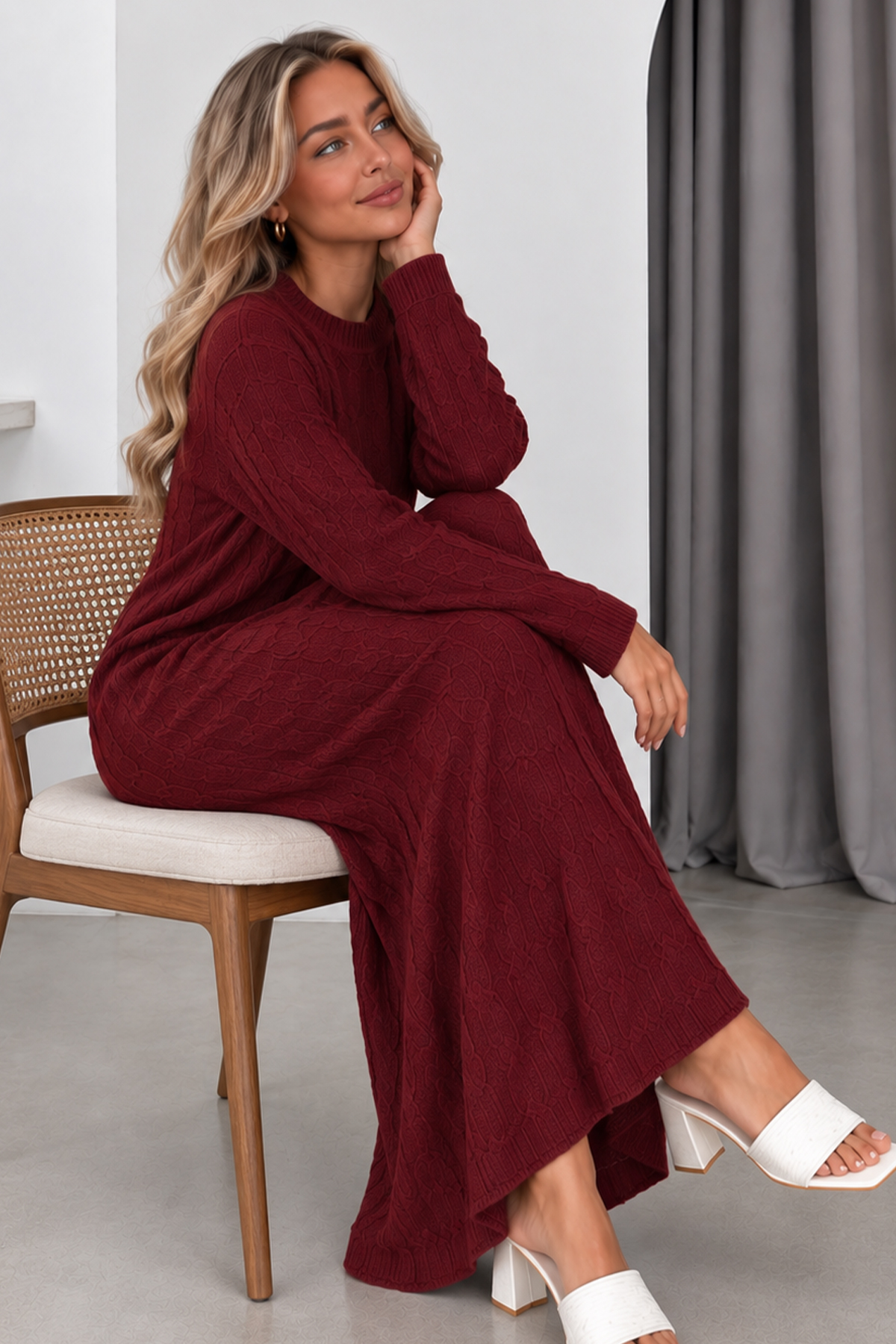 Cable-knit Patterned Dress K3024 Burgundy-detail