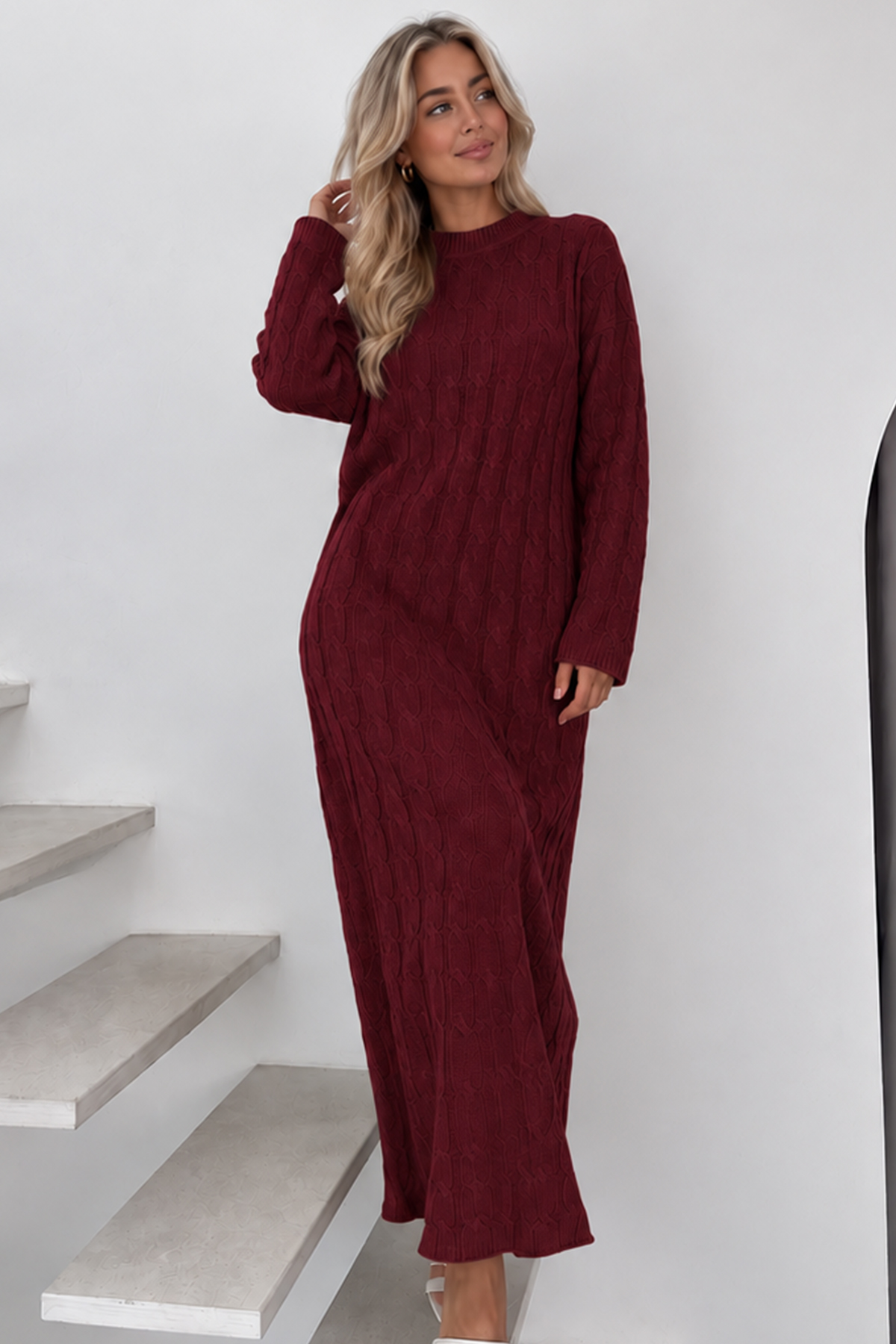 Cable-knit Patterned Dress K3024 Burgundy