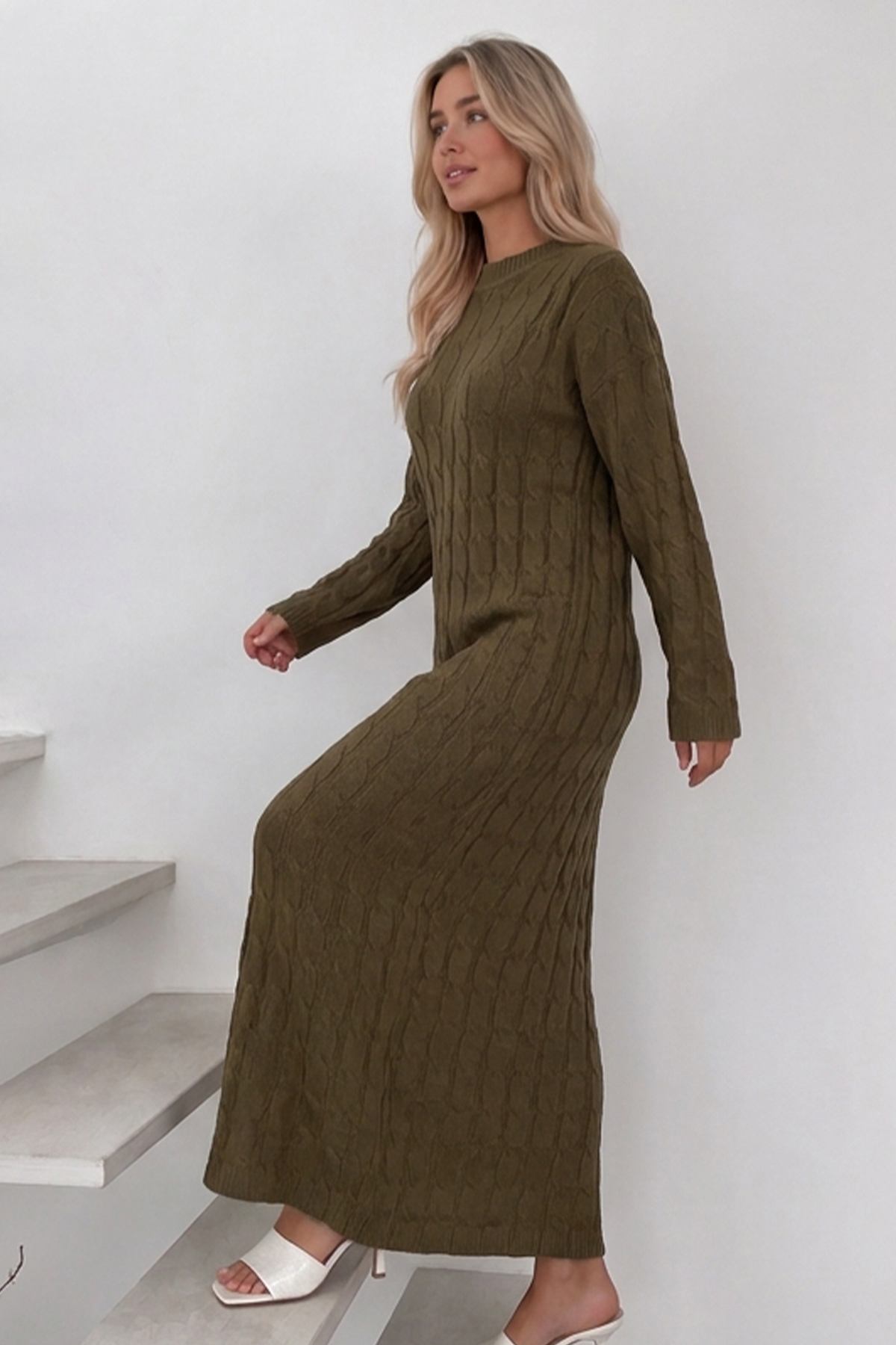 Cable-knit Patterned Dress K3024 Khaki-detail