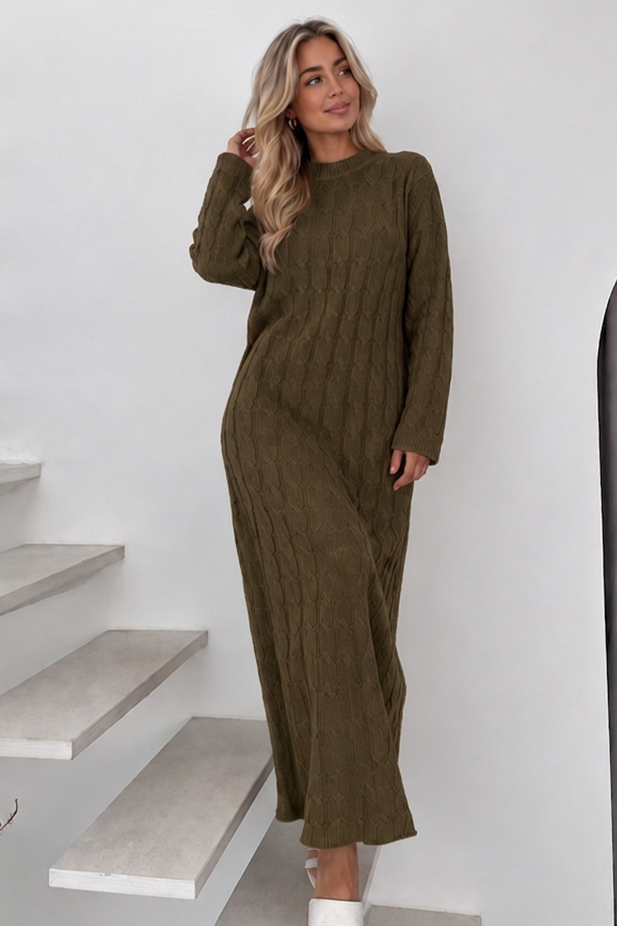 Cable-knit Patterned Dress K3024 Khaki
