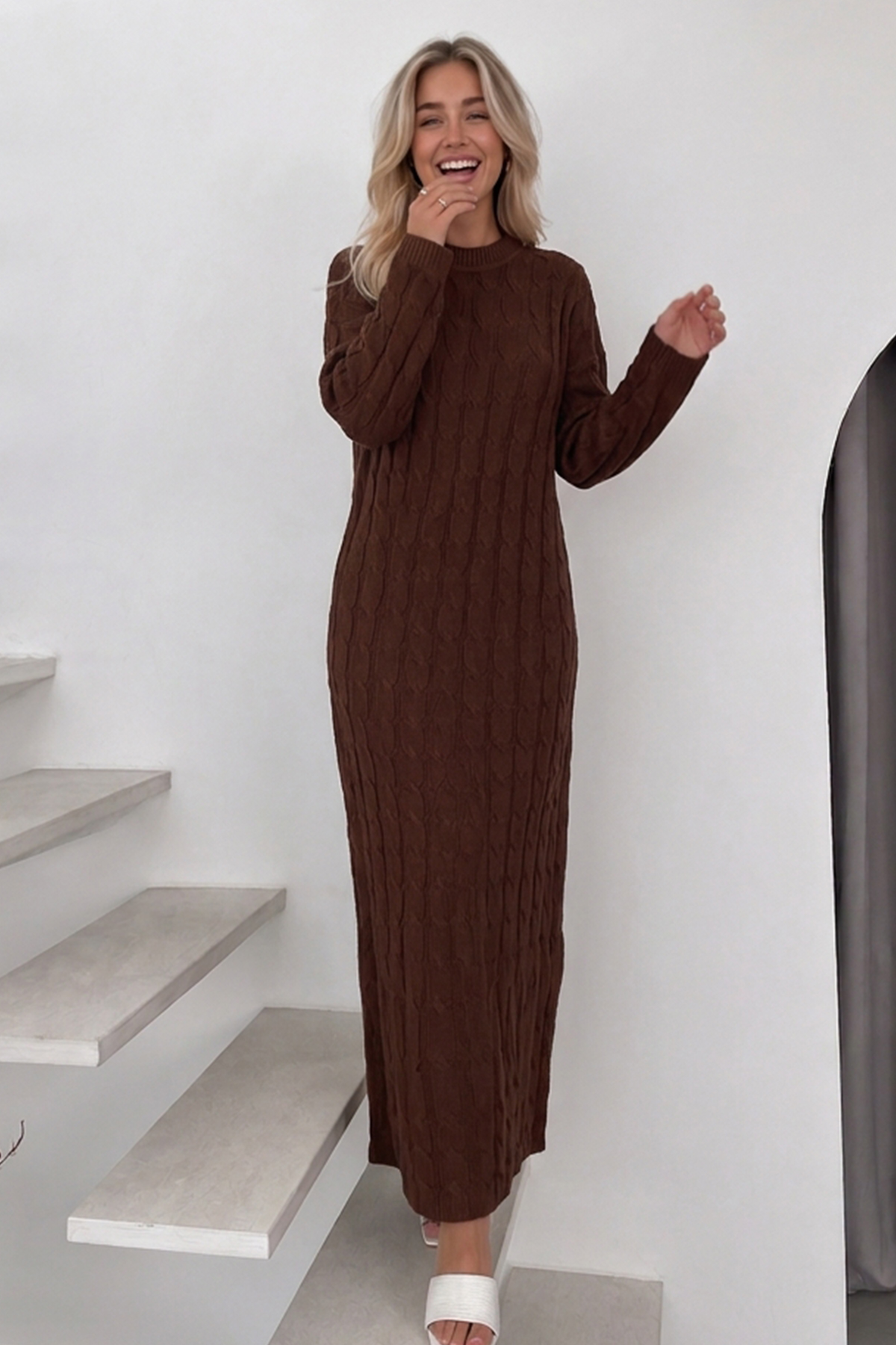 Cable-knit Patterned Dress K3024 Brown-detail