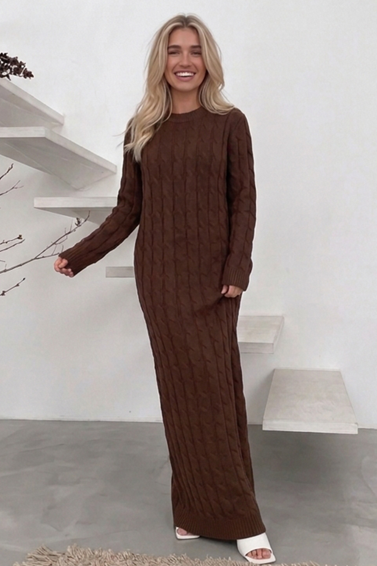Cable-knit Patterned Dress K3024 Brown-detail
