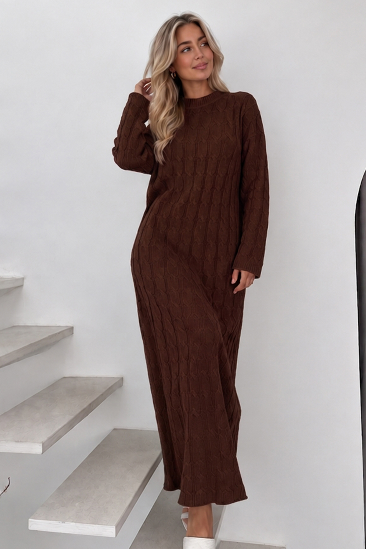Cable-knit Patterned Dress K3024 Brown