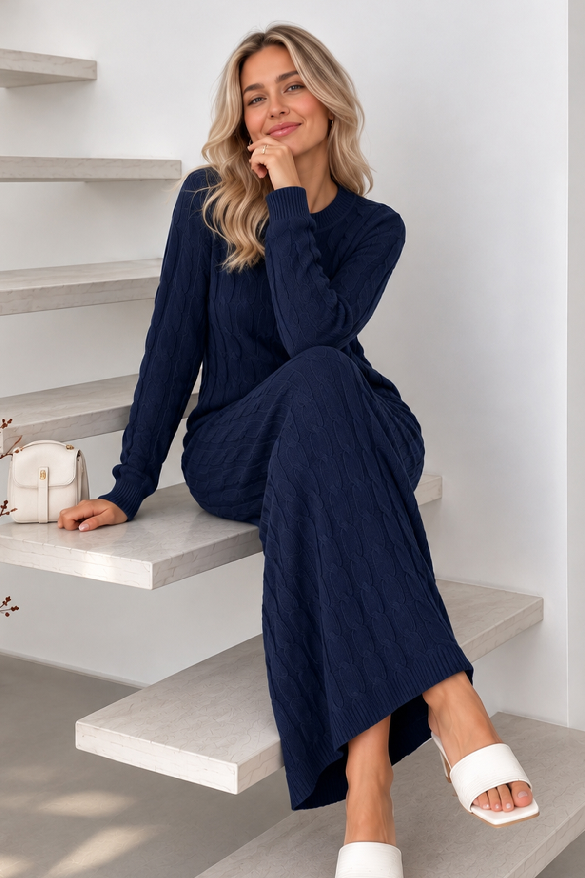 Cable-knit Patterned Dress K3024 Navy Blue-detail