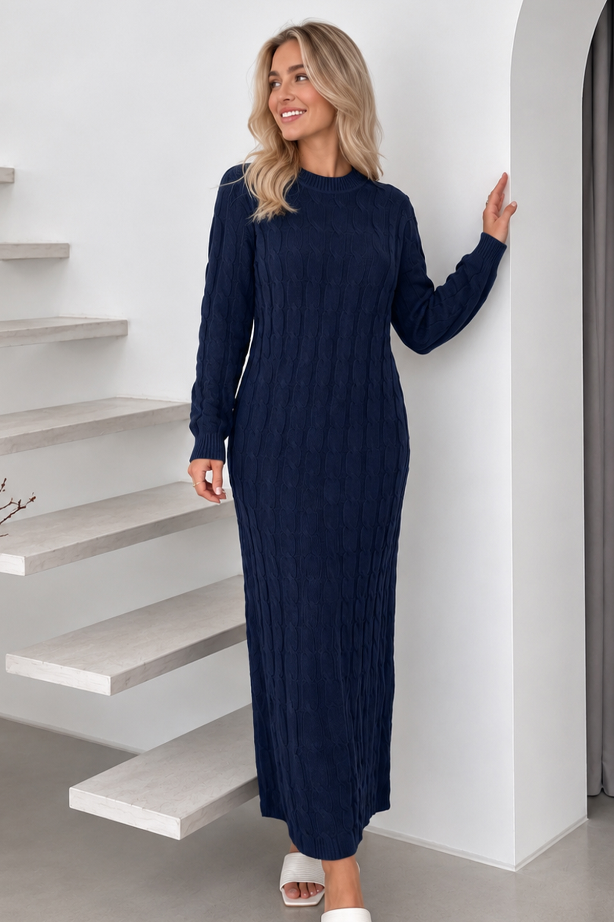 Cable-knit Patterned Dress K3024 Navy Blue-detail