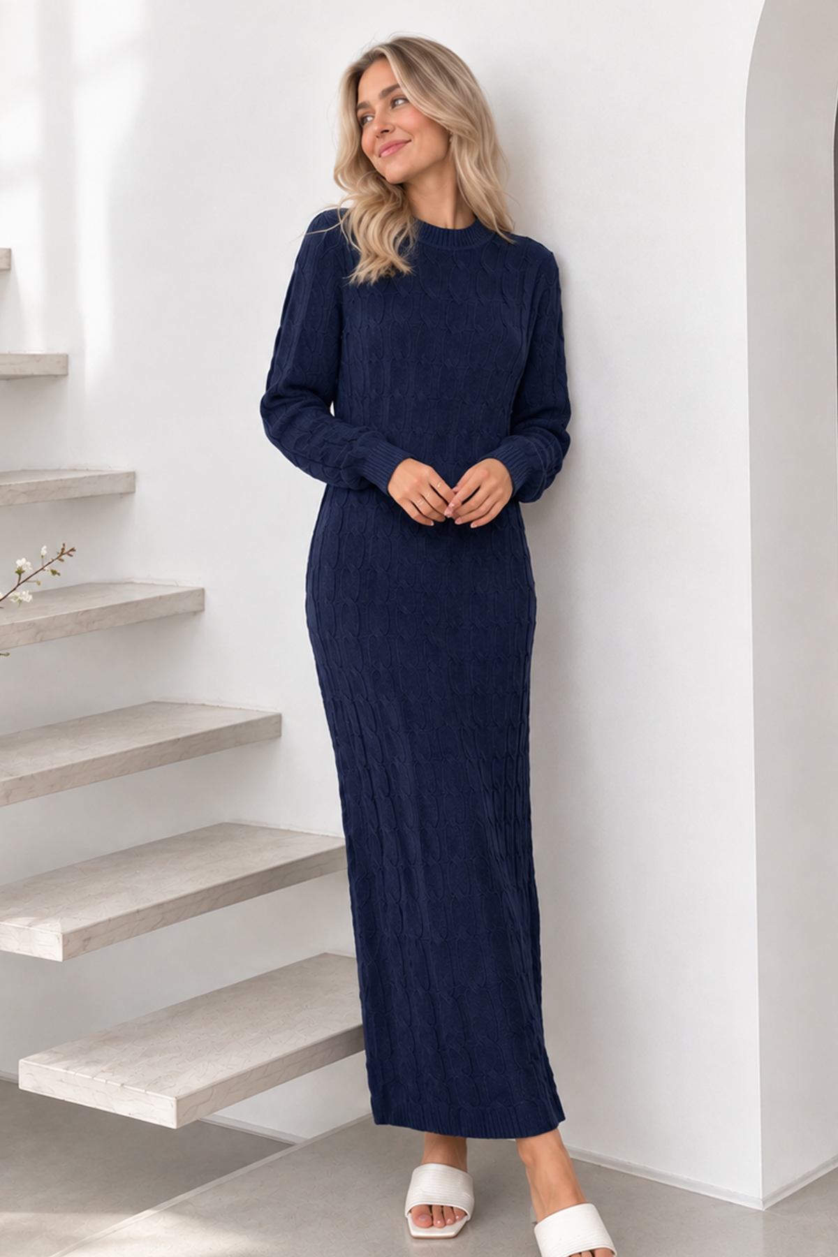 Cable-knit Patterned Dress K3024 Navy Blue